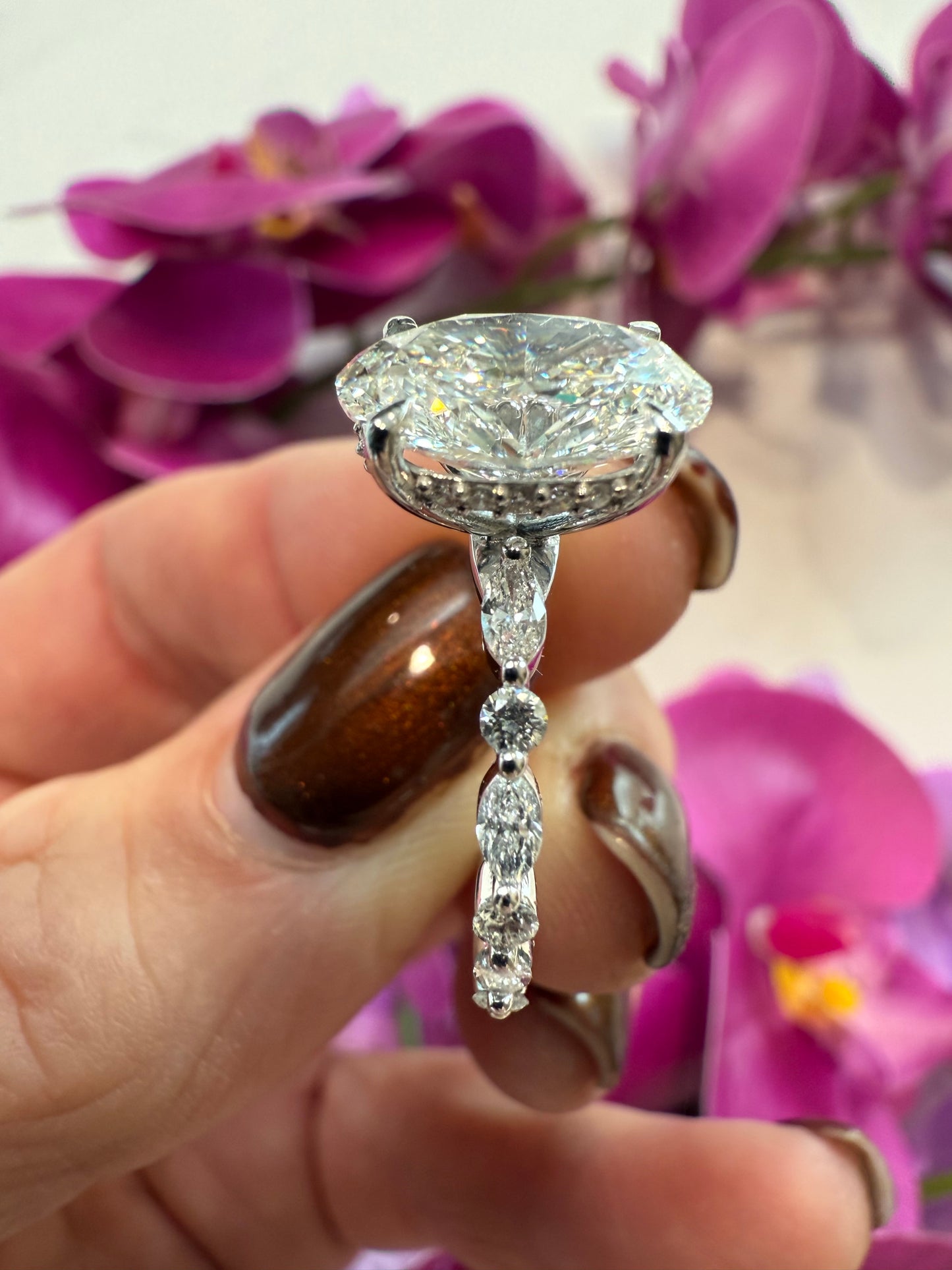 3.04 Carat Oval Diamond Ring, E VS1. Set on .80 Carat round/oval diamonds, .10 carat hidden halo 14K White Gold Band.