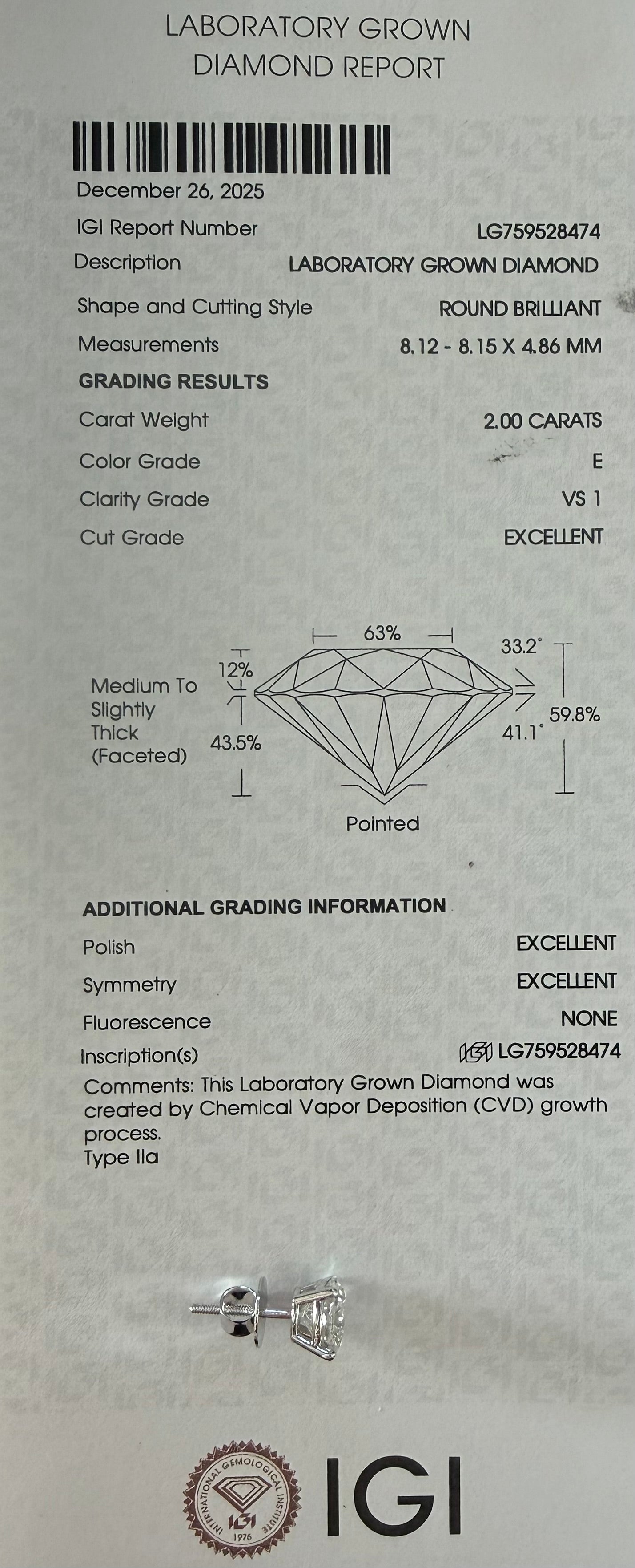 4 Total Carat Weight Round Diamonds Earrings. Set On 4 Prong 14K White Gold Setting.