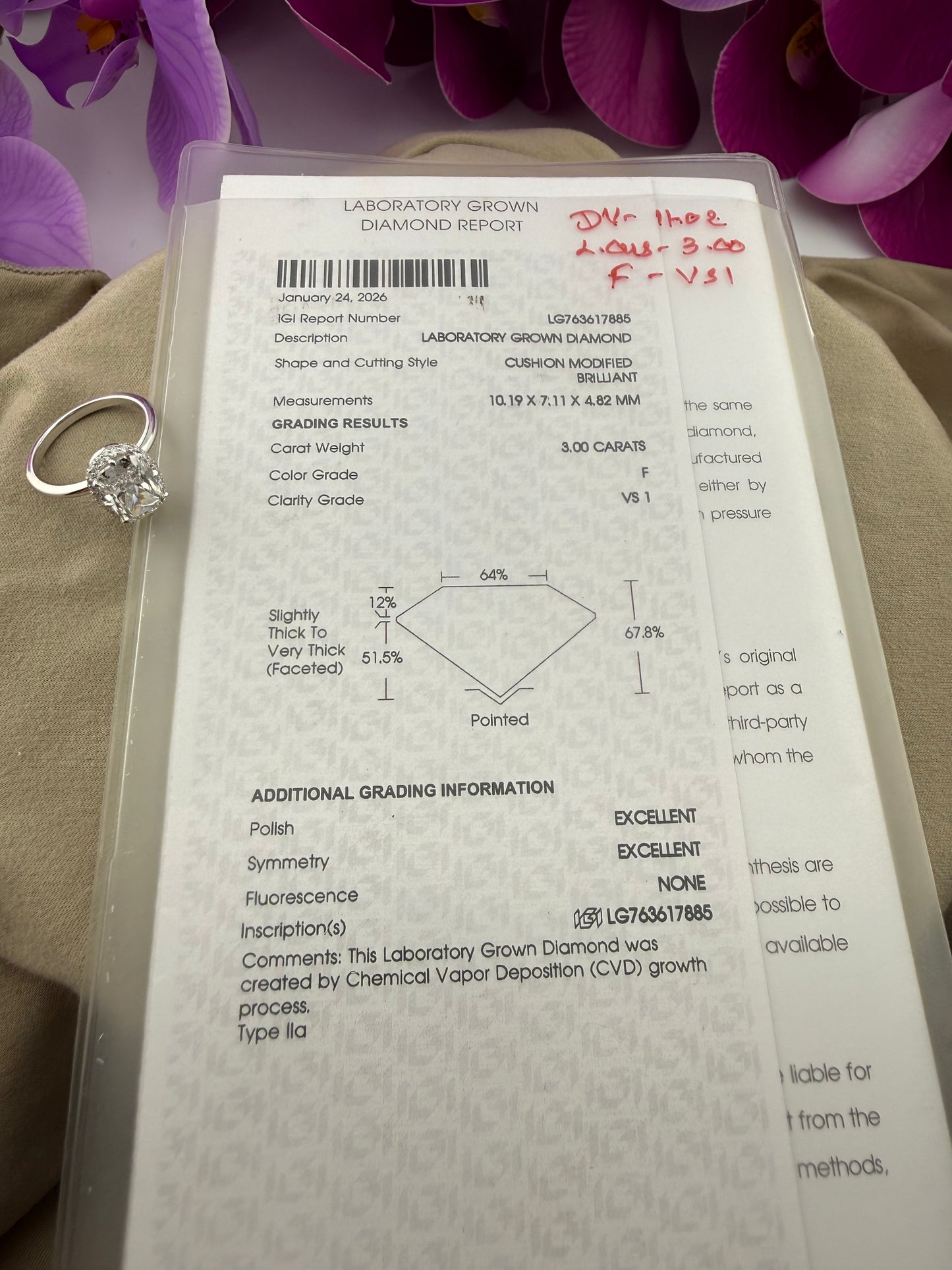 Elegant 3.00 Cushion Solitaire Diamond Ring (F VS1) - IGI Certified