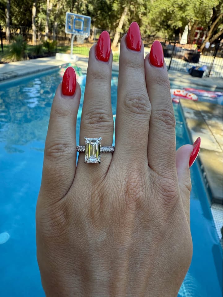 4 Carat Emerald with Triple Pave Band F VS1 Diamond Ring