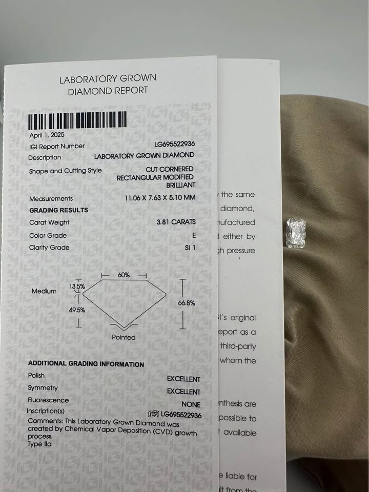 Stunning 3.81 Radiant Diamond (E SI1) – Lab Grown – IGI Certified