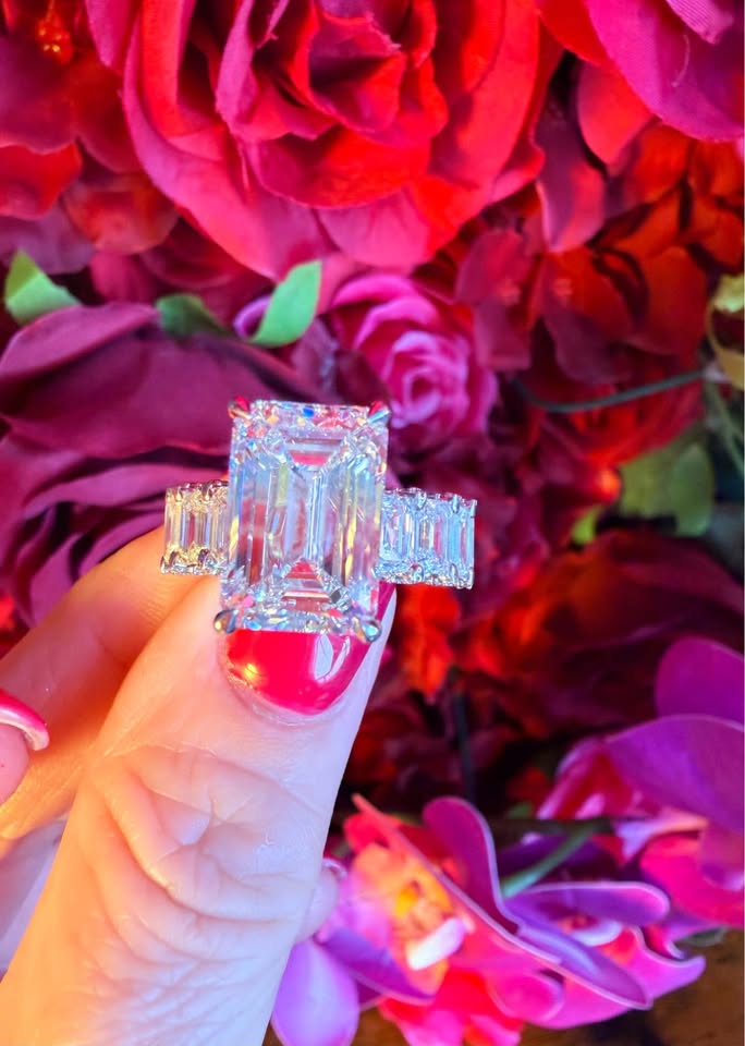7.05 Carat Emerald Diamond Ring. Set On 6 Carat Emerald Diamonds 14K White Gold Band.