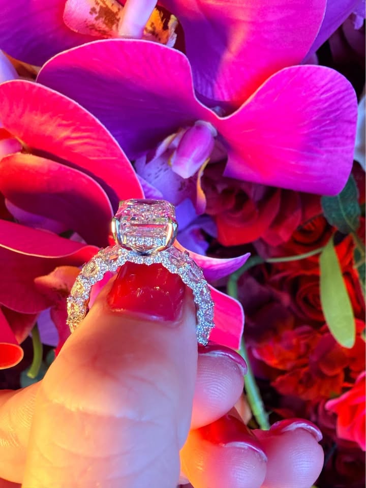 7.05 Carat Emerald Diamond Ring. Set On 6 Carat Emerald Diamonds 14K White Gold Band.