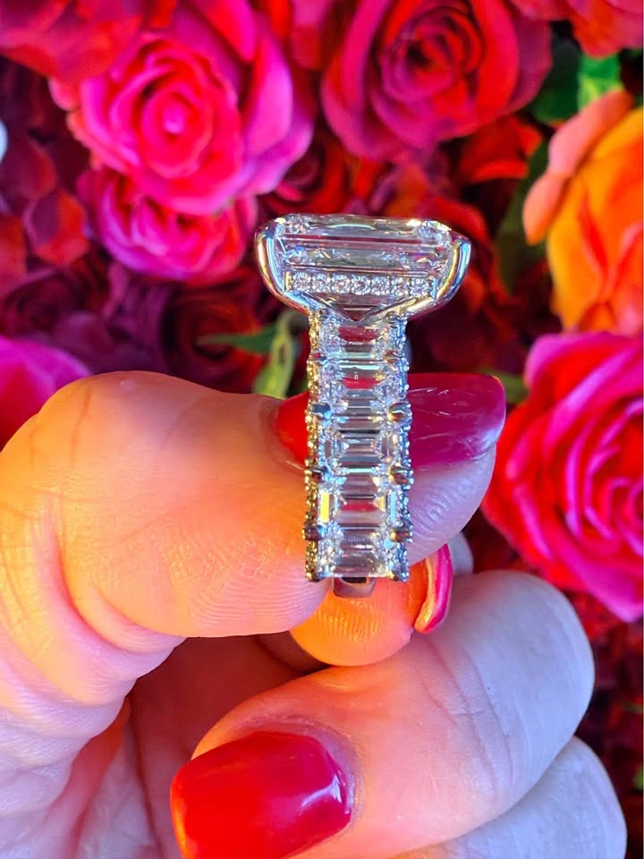 7.05 Carat Emerald Diamond Ring. Set On 6 Carat Emerald Diamonds 14K White Gold Band.
