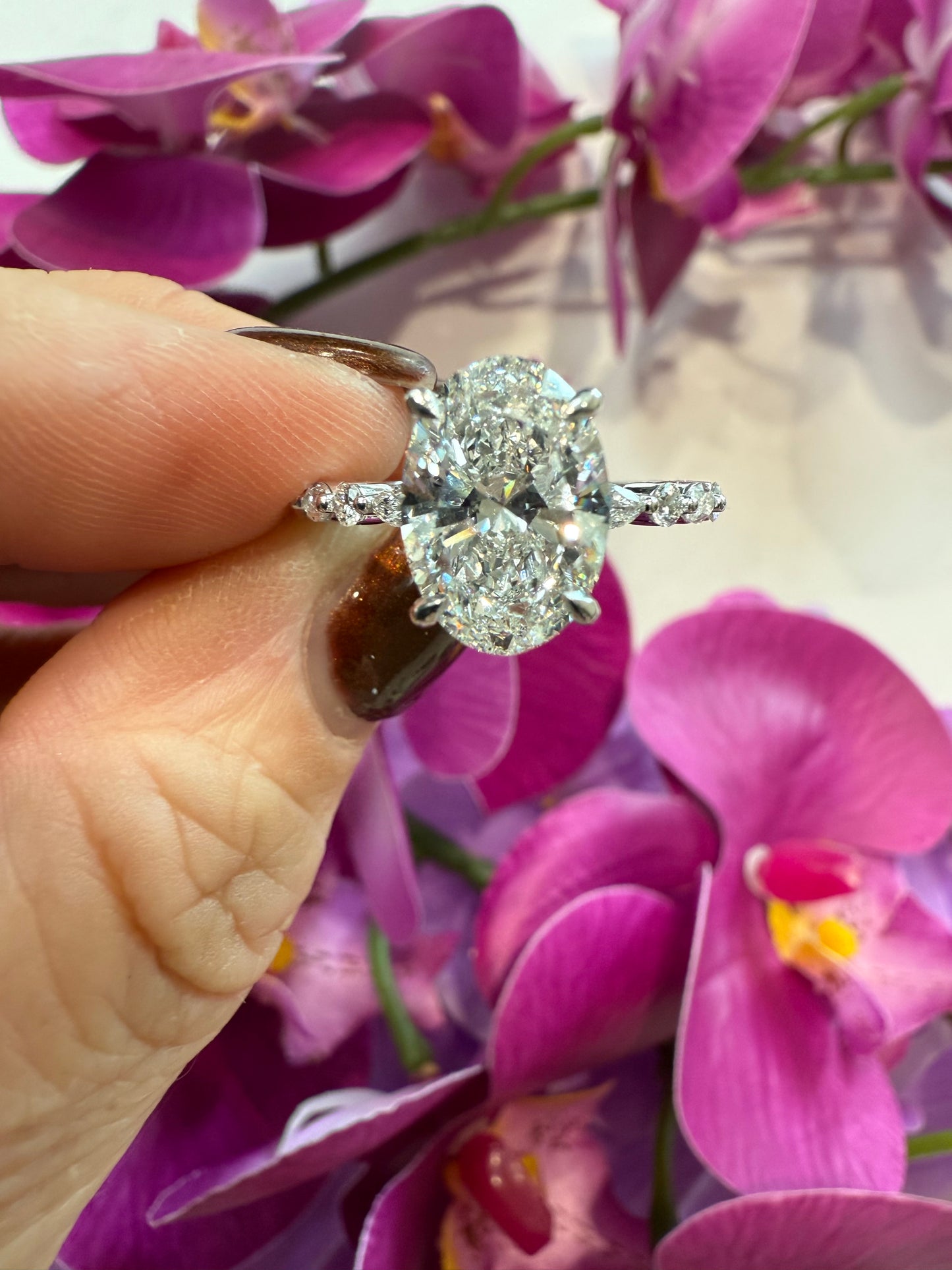 3.04 Carat Oval Diamond Ring, E VS1. Set on .80 Carat round/oval diamonds, .10 carat hidden halo 14K White Gold Band.