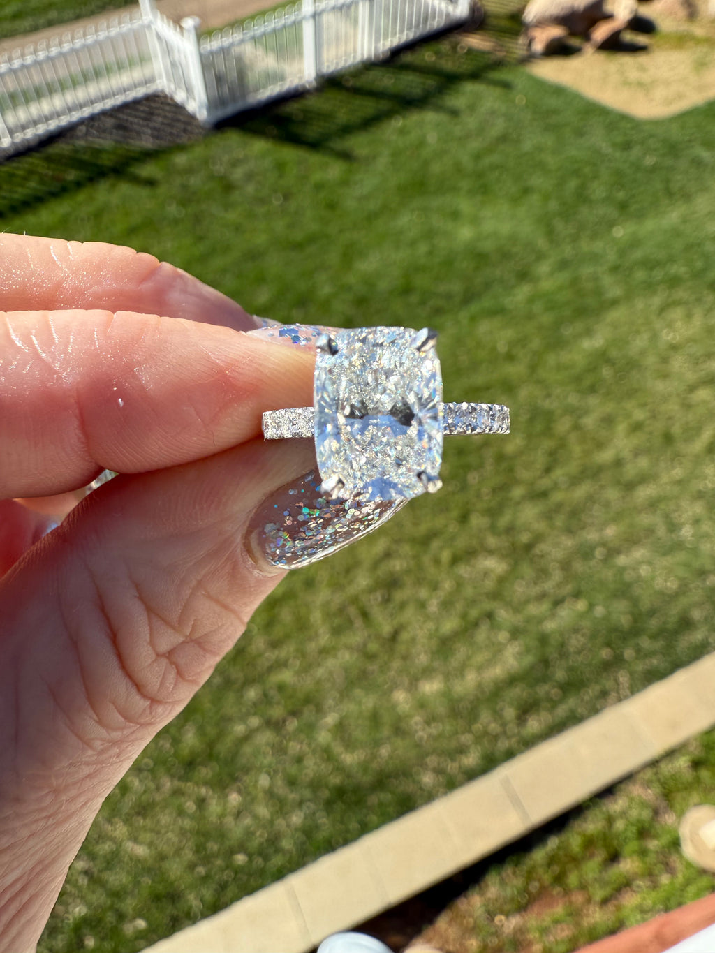 3.04 Carat Cushion Real Diamond Ring. Set on Half Carat 14K White Gold Band.