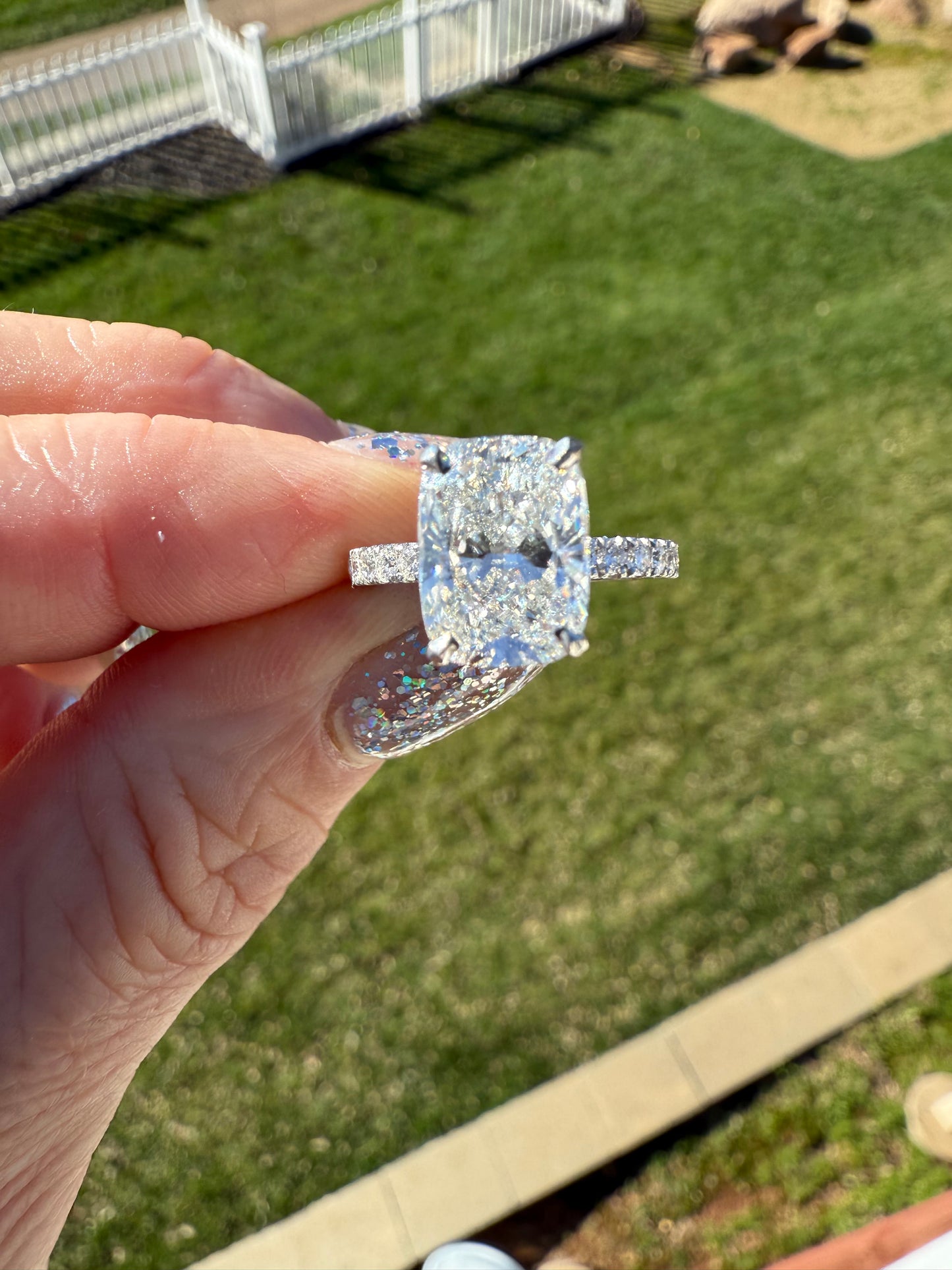 3.04 Carat Cushion Real Diamond Ring. Set on Half Carat 14K White Gold Band.