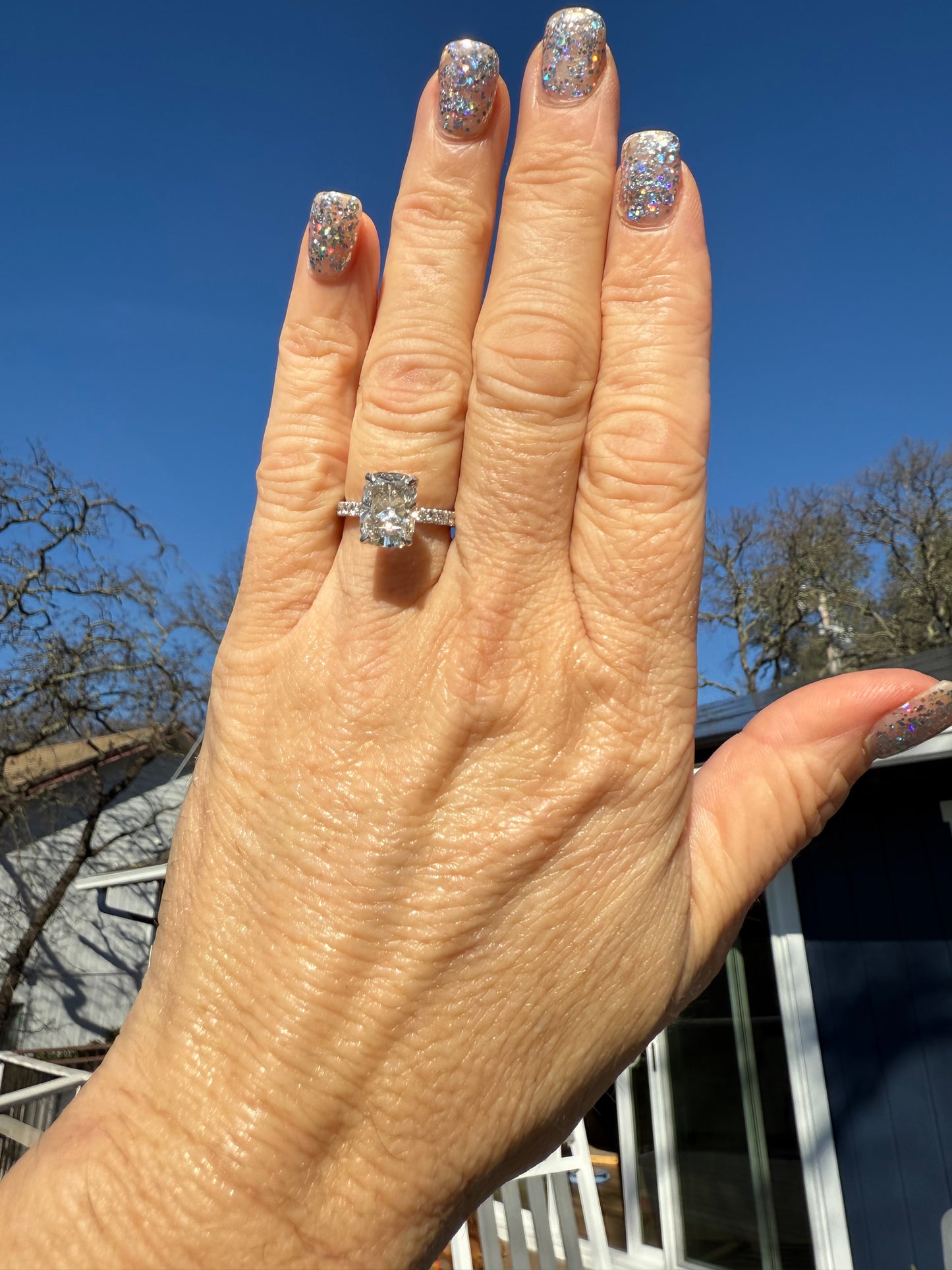 3.04 Carat Cushion Real Diamond Ring. Set on Half Carat 14K White Gold Band.