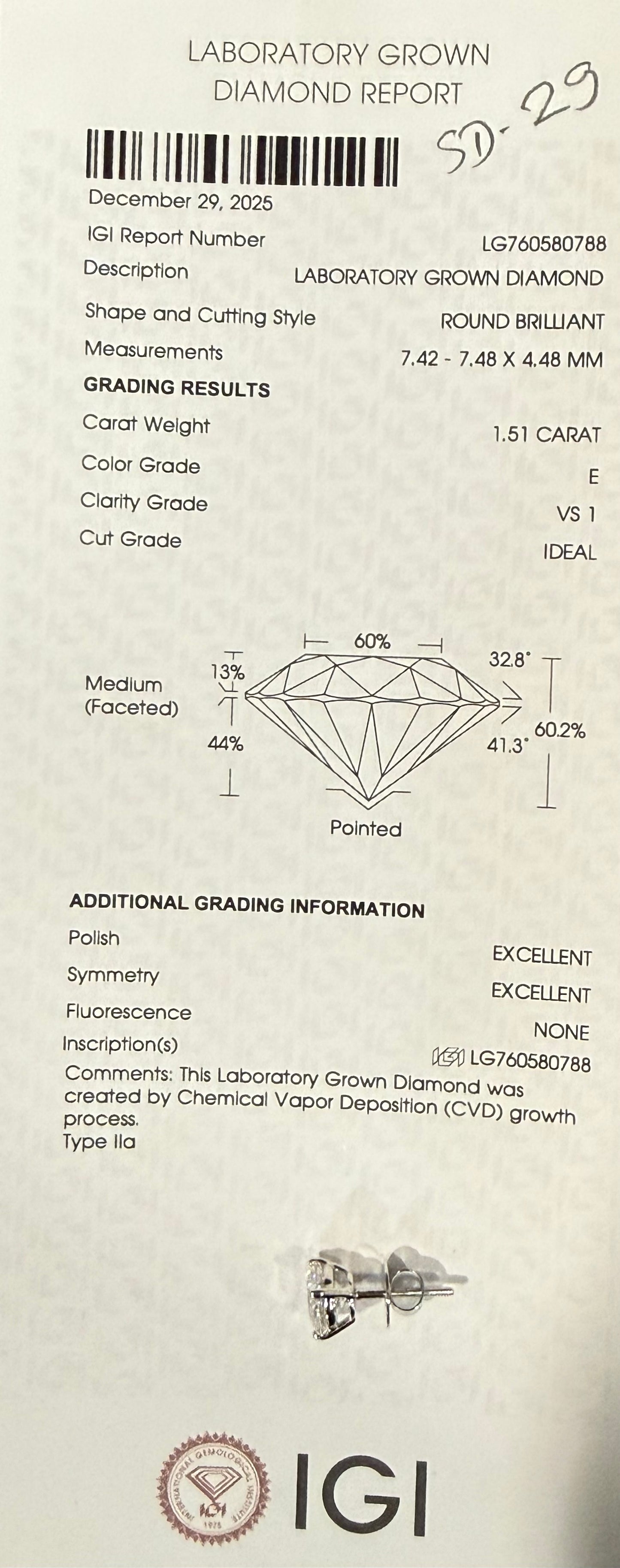 3.03 Total Carat Weight Round Diamond Earrings. Set On 4 Prong 14K White Gold Setting.