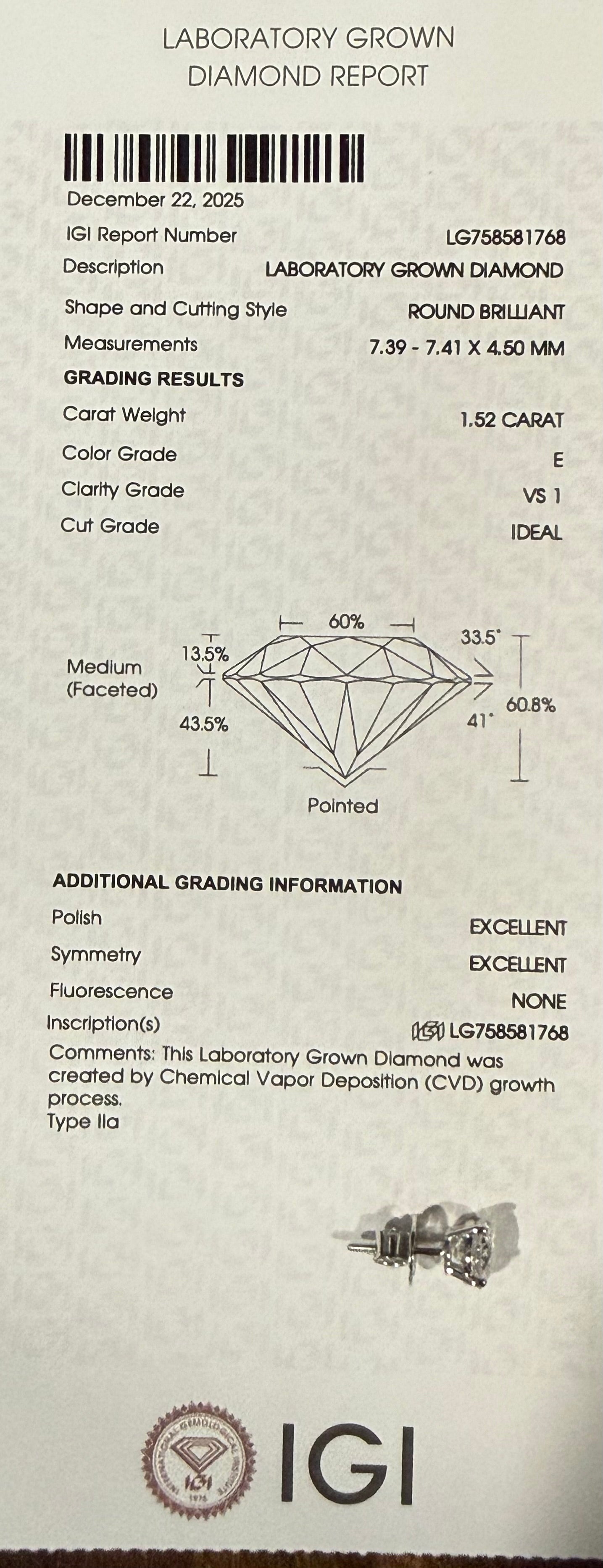 3.03 Total Carat Weight Round Diamond Earrings. Set On 4 Prong 14K White Gold Setting.
