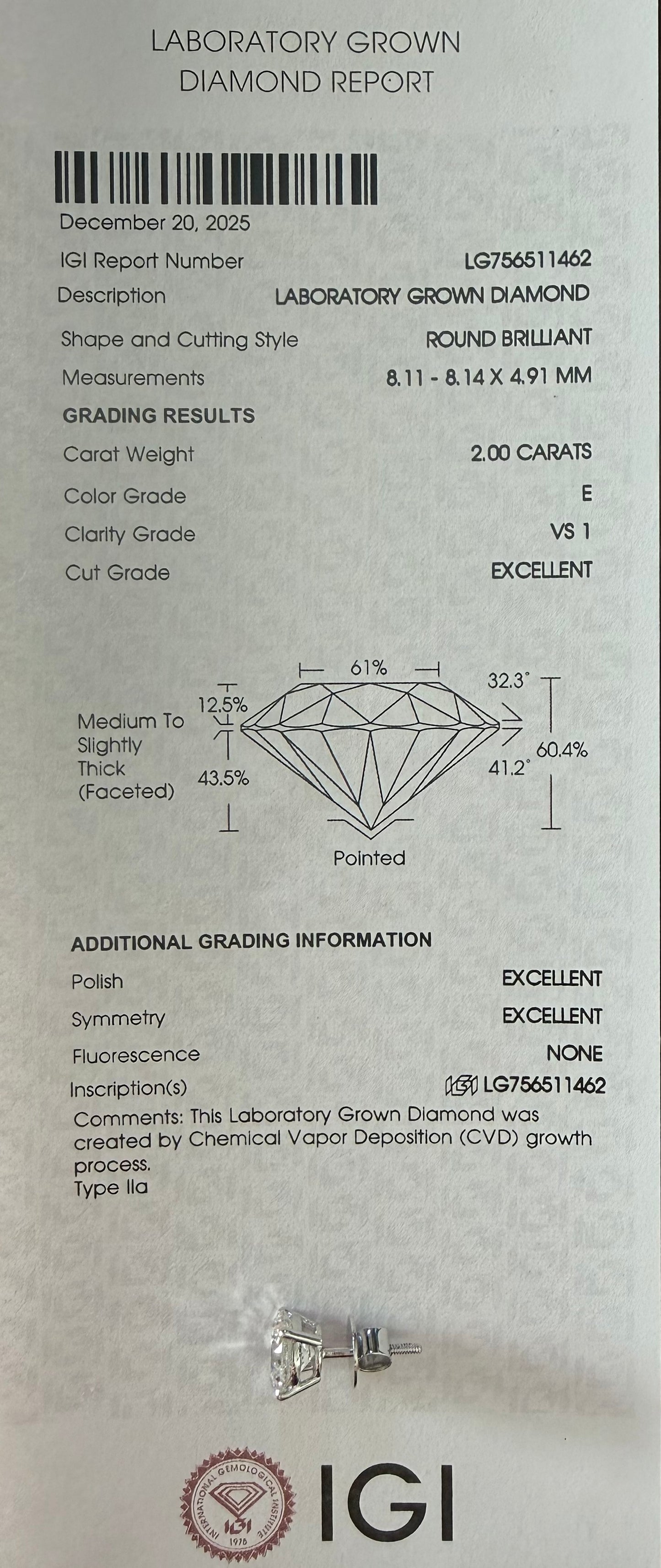 4 Total Carat Weight Round Diamonds Earrings. Set On 4 Prong 14K White Gold Setting.