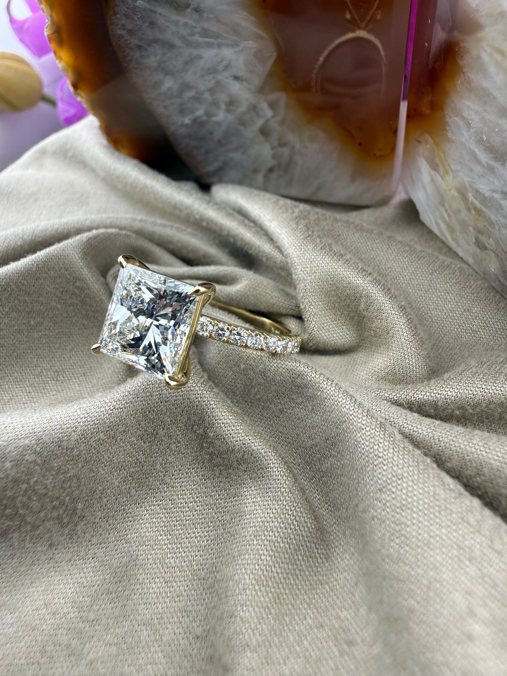 3.93 Princess Diamond Ring w/ Pave Band Solitaire Setting (F VS1) - Lab Grown - IGI Certified