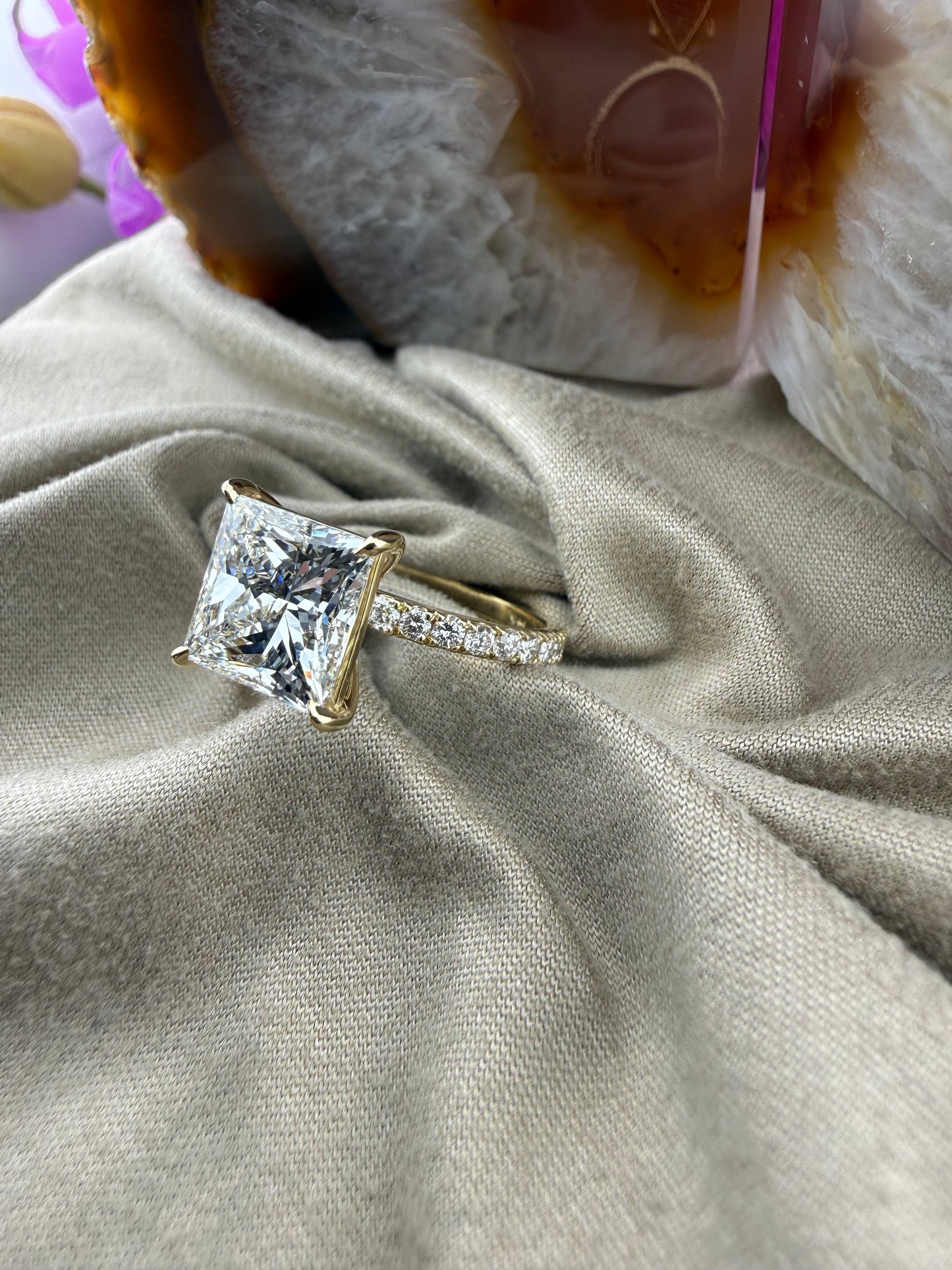 3.93 Princess Diamond Ring w/ Pave Band Solitaire Setting (F VS1) - Lab Grown - IGI Certified