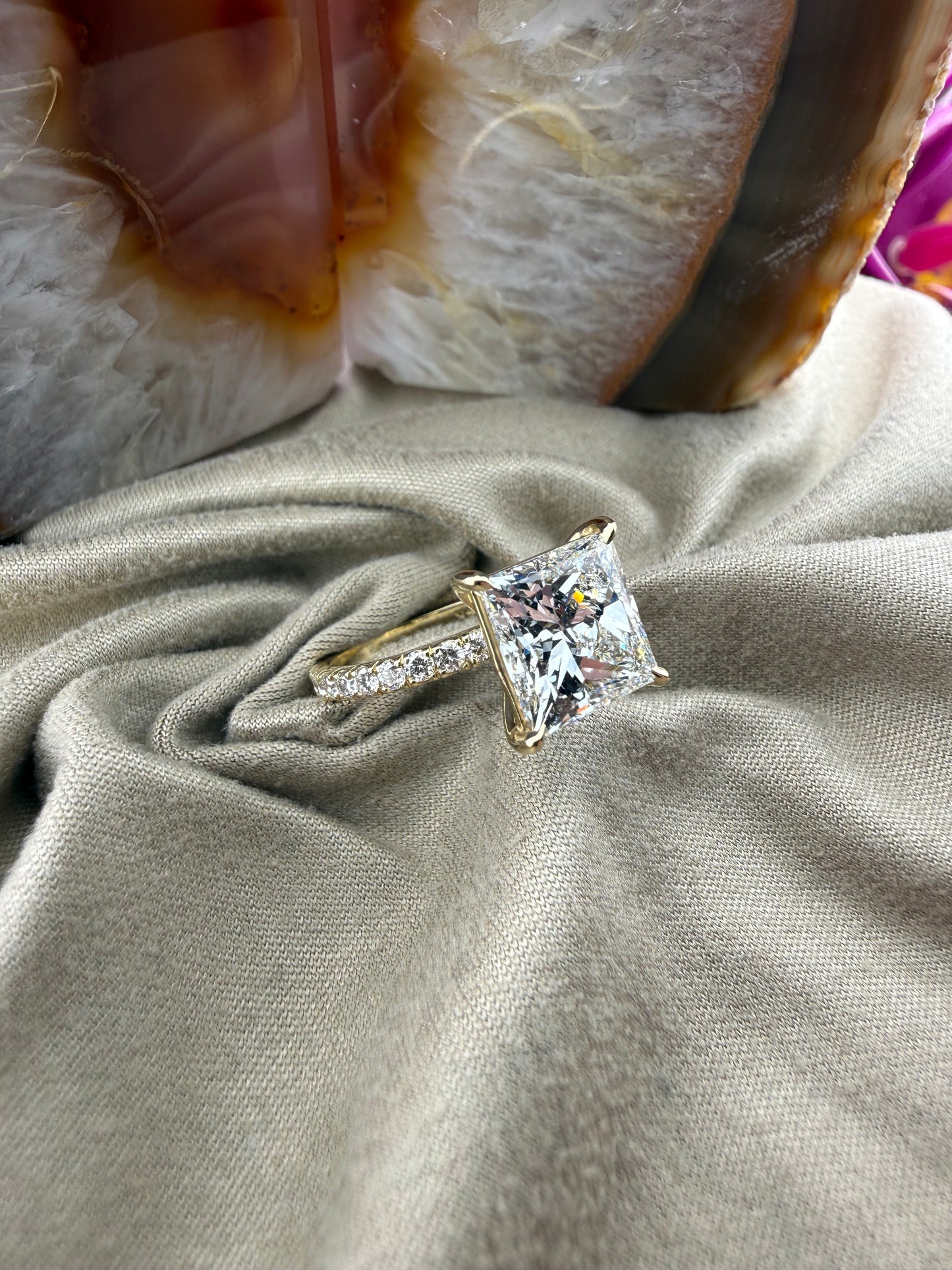 3.93 Princess Diamond Ring w/ Pave Band Solitaire Setting (F VS1) - Lab Grown - IGI Certified