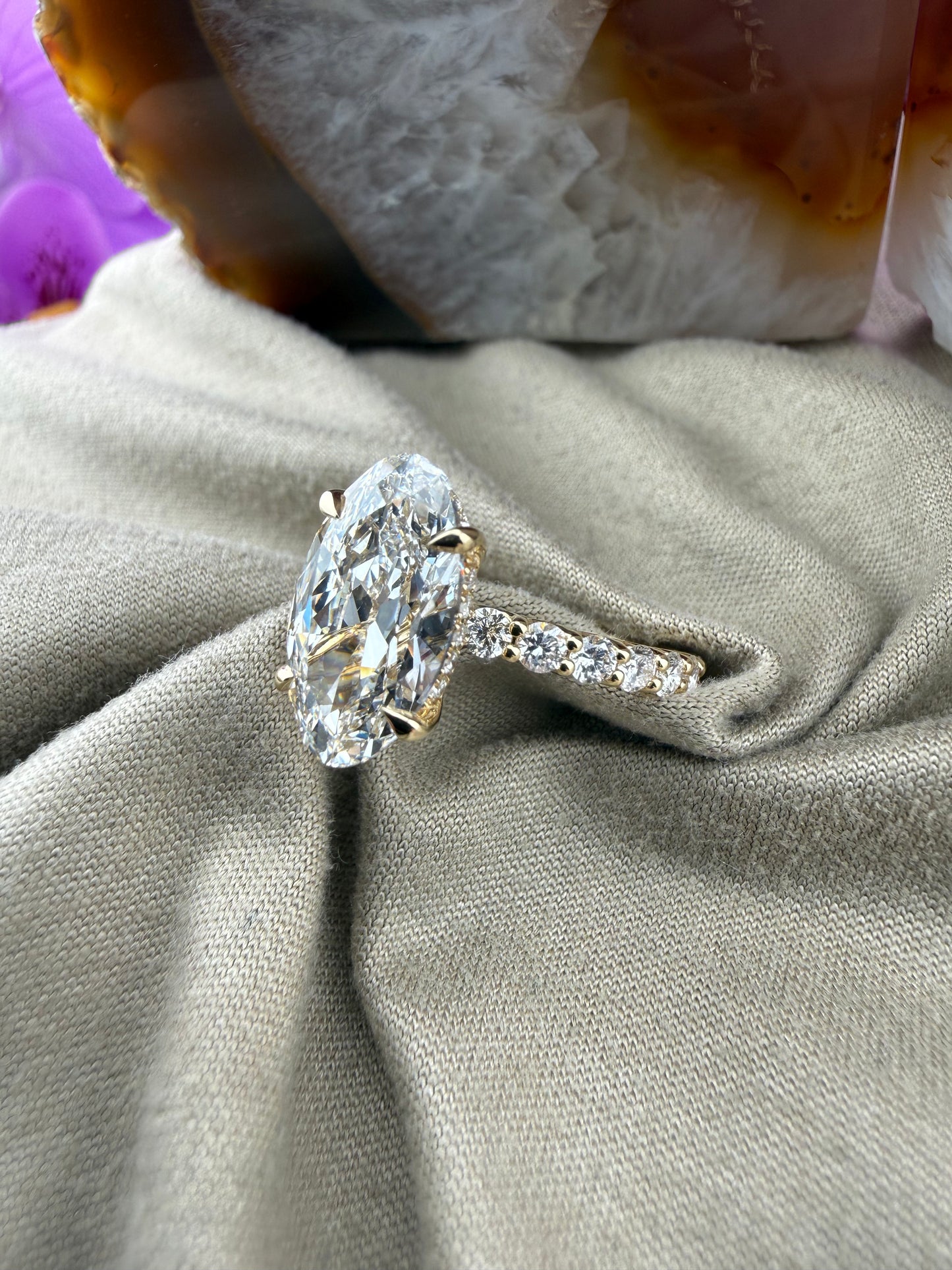 Rare 3.03 Moval Diamond Ring w/ 1.25 Carat Diamond Band (F VVS2) - Lab Grown - IGI Certified