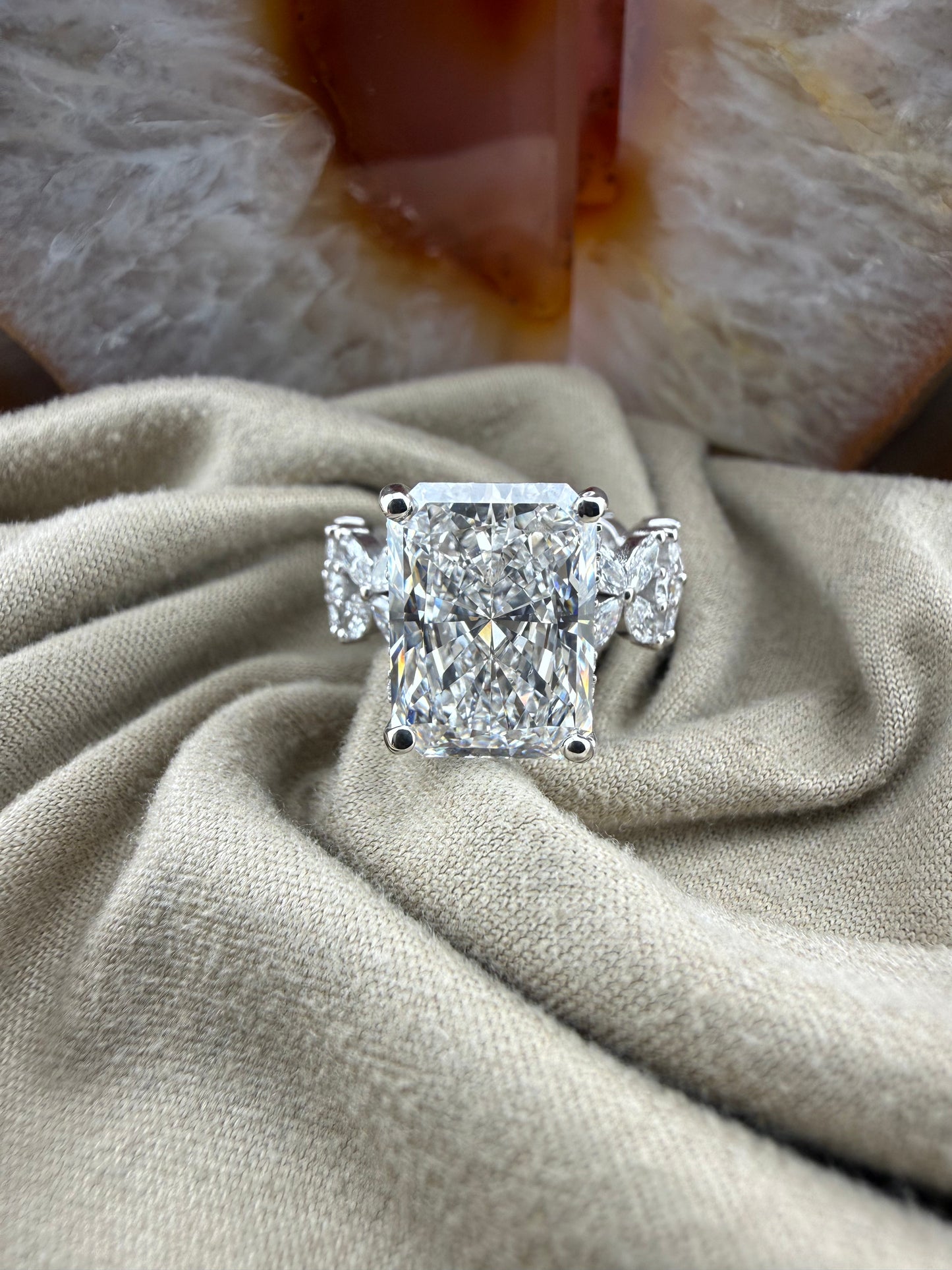 Striking 5.10 Radiant Diamond Ring w/ Marquis Floral Diamond Band (E VS1) - Lab Grown - IGI Certified