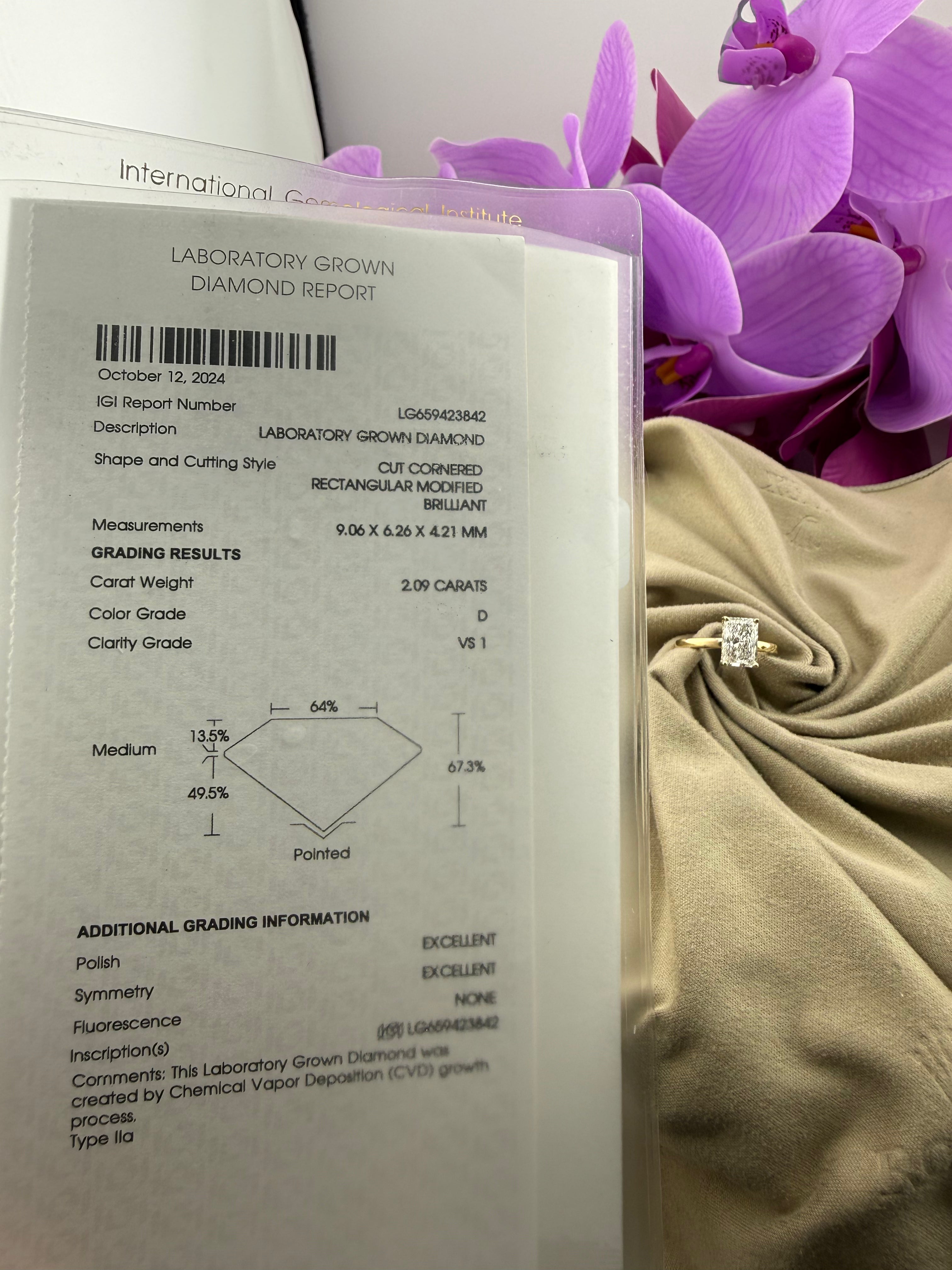 Elegant 2.09 Radiant Diamond Ring w/ Hidden Halo Solitaire Setting (D VS1) - Lab Grown - IGI Certified
