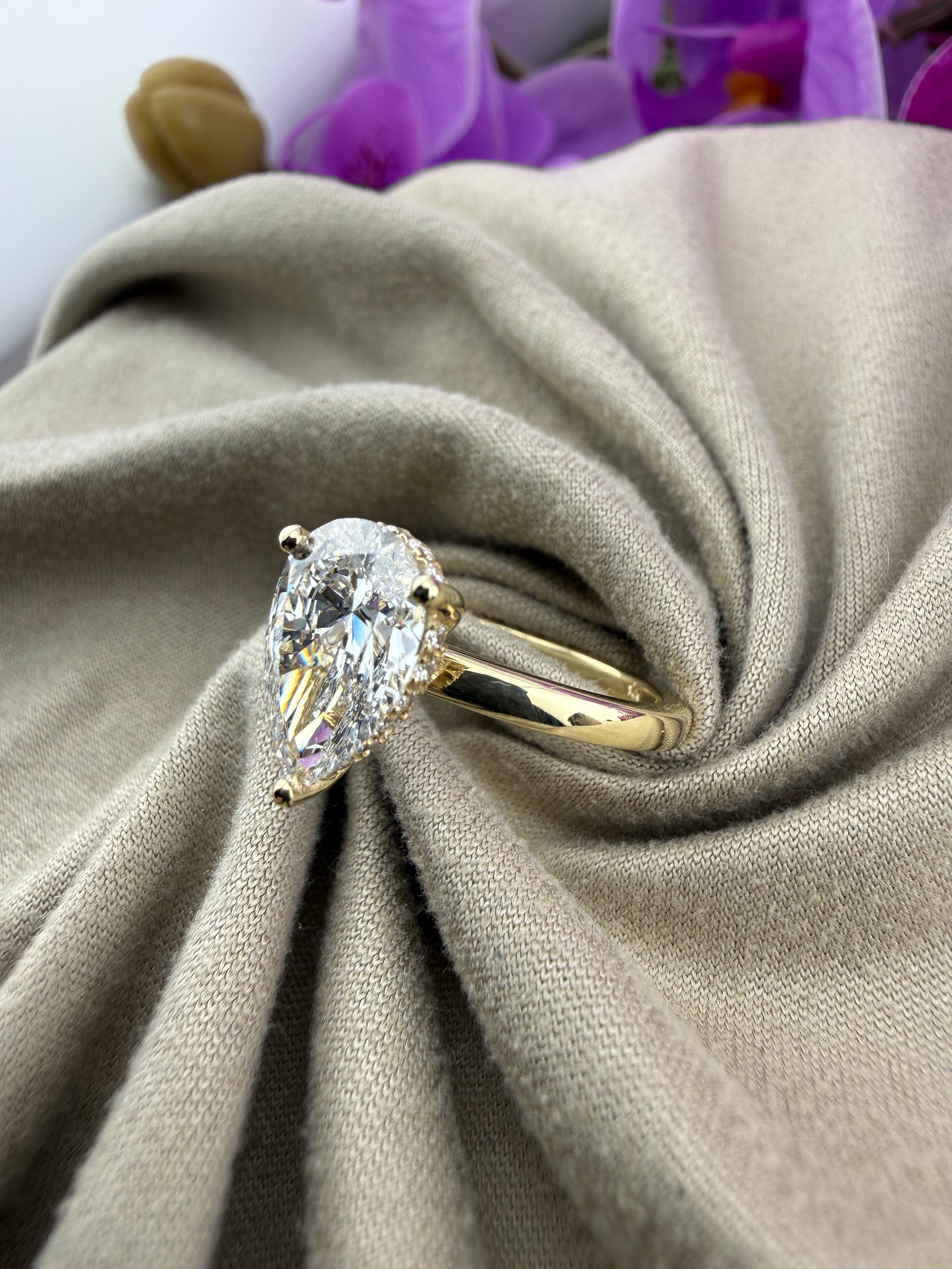 Elegant 2.09 Pear Diamond Ring w/ Hidden Halo Solitaire Setting (D VS1) - Lab Grown - IGI Certified