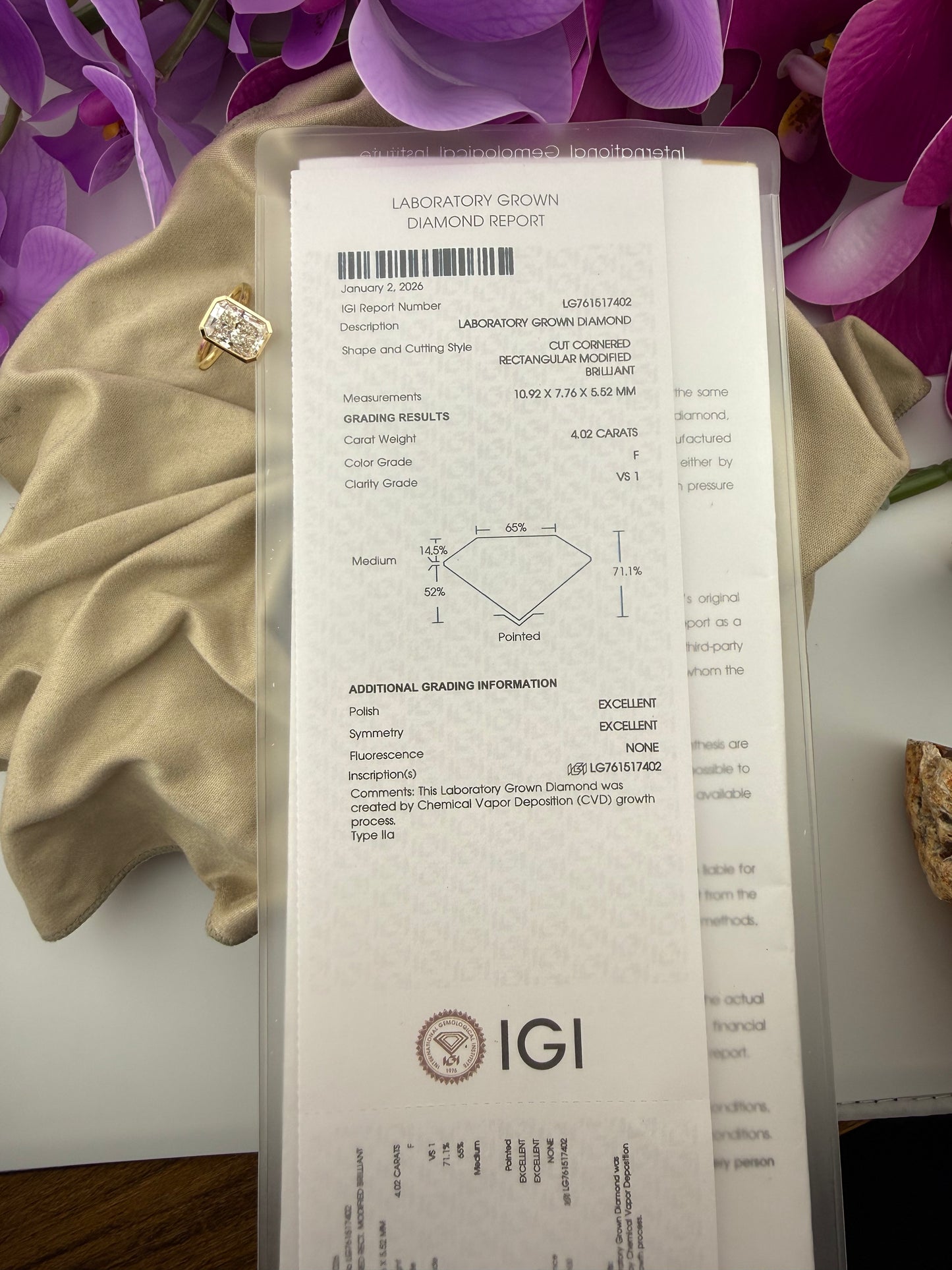Bold 4.02 Radiant Diamond Ring w/ Solitaire Setting (F VS1) - Lab Grown - IGI Certified