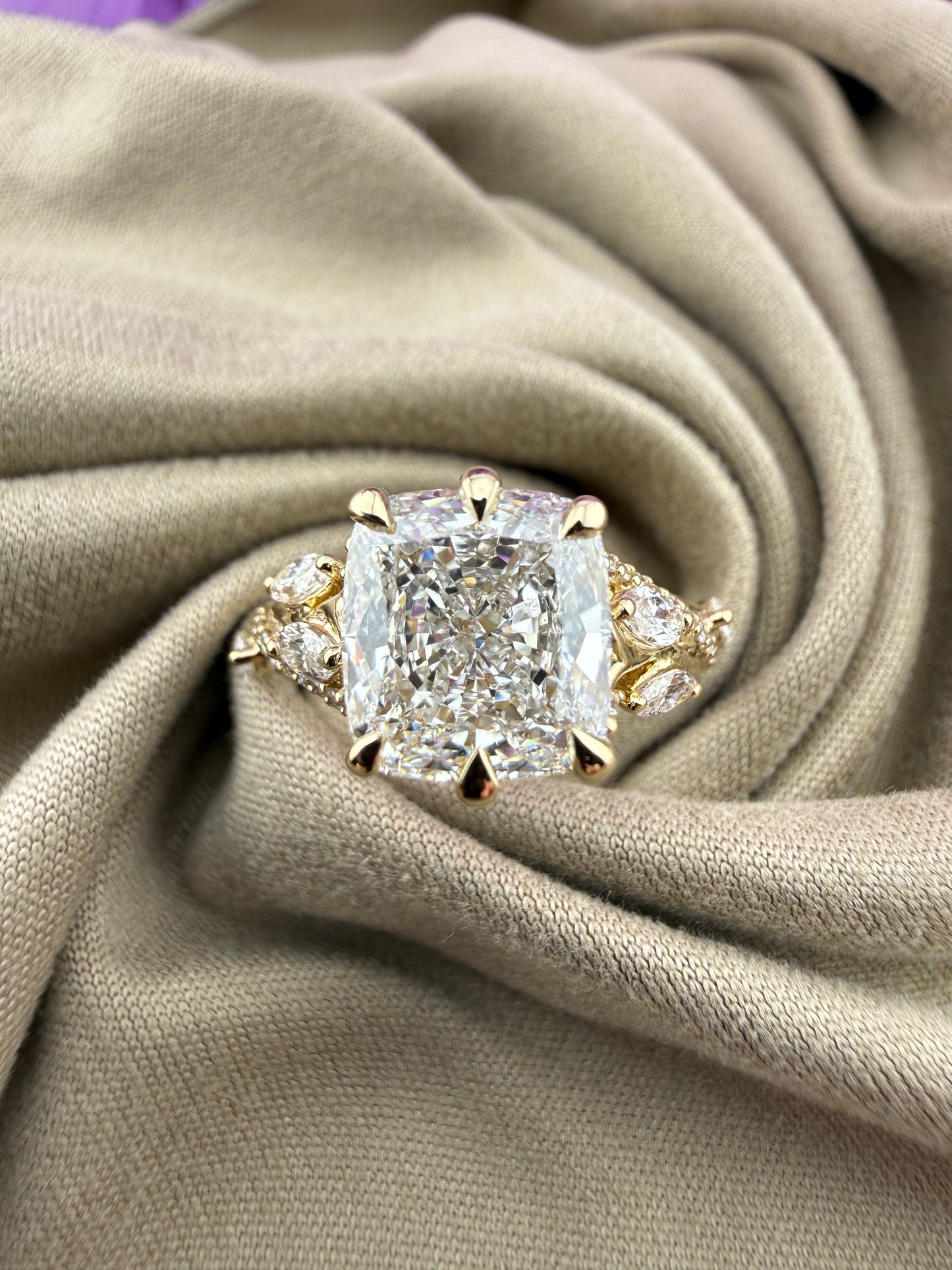 3.01 Cushion Diamond Ring w/ Custom Floral-Inspired Band (F VVS2) - IGI Certified