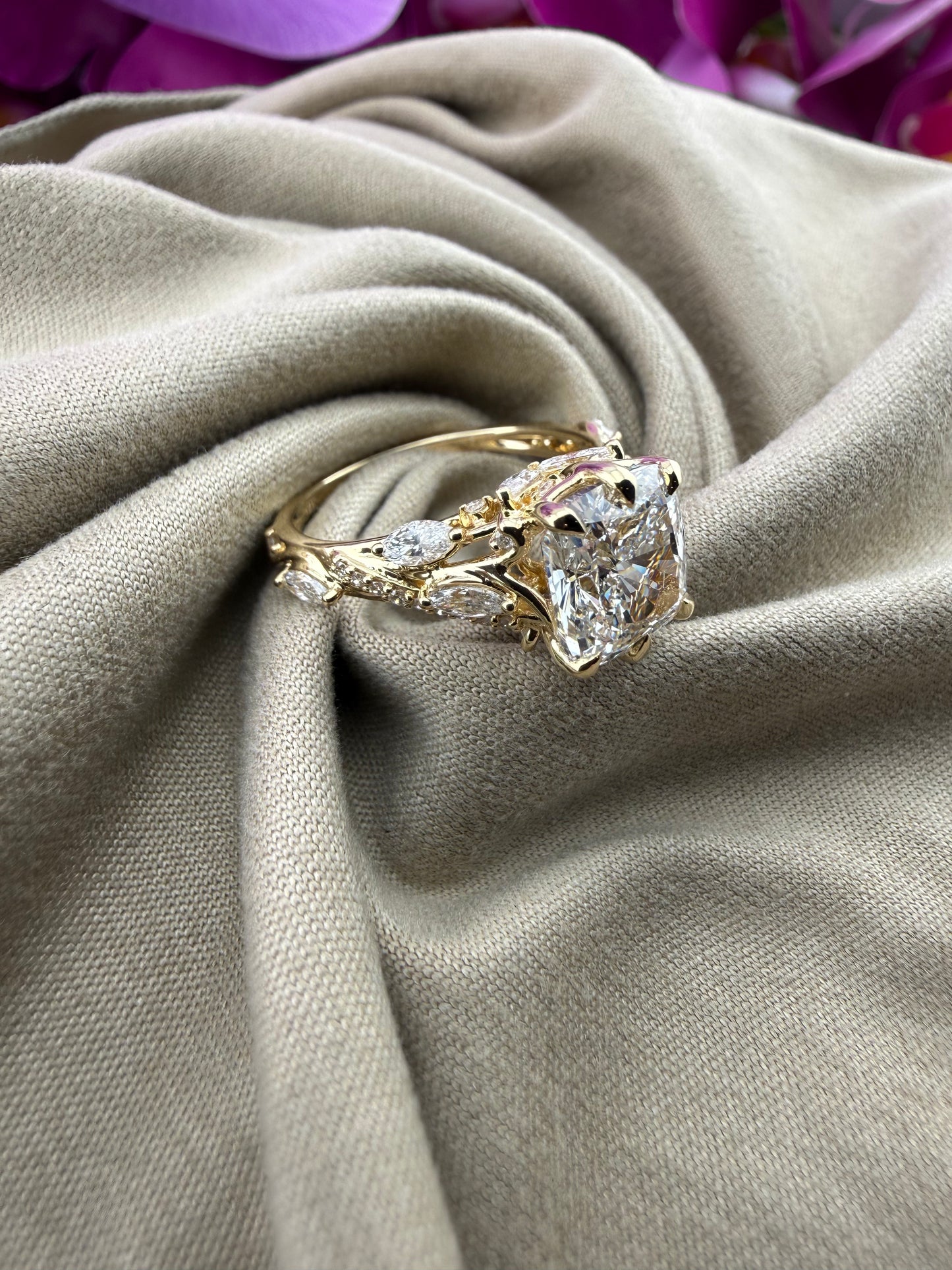 3.01 Cushion Diamond Ring w/ Custom Floral-Inspired Band (F VVS2) - IGI Certified