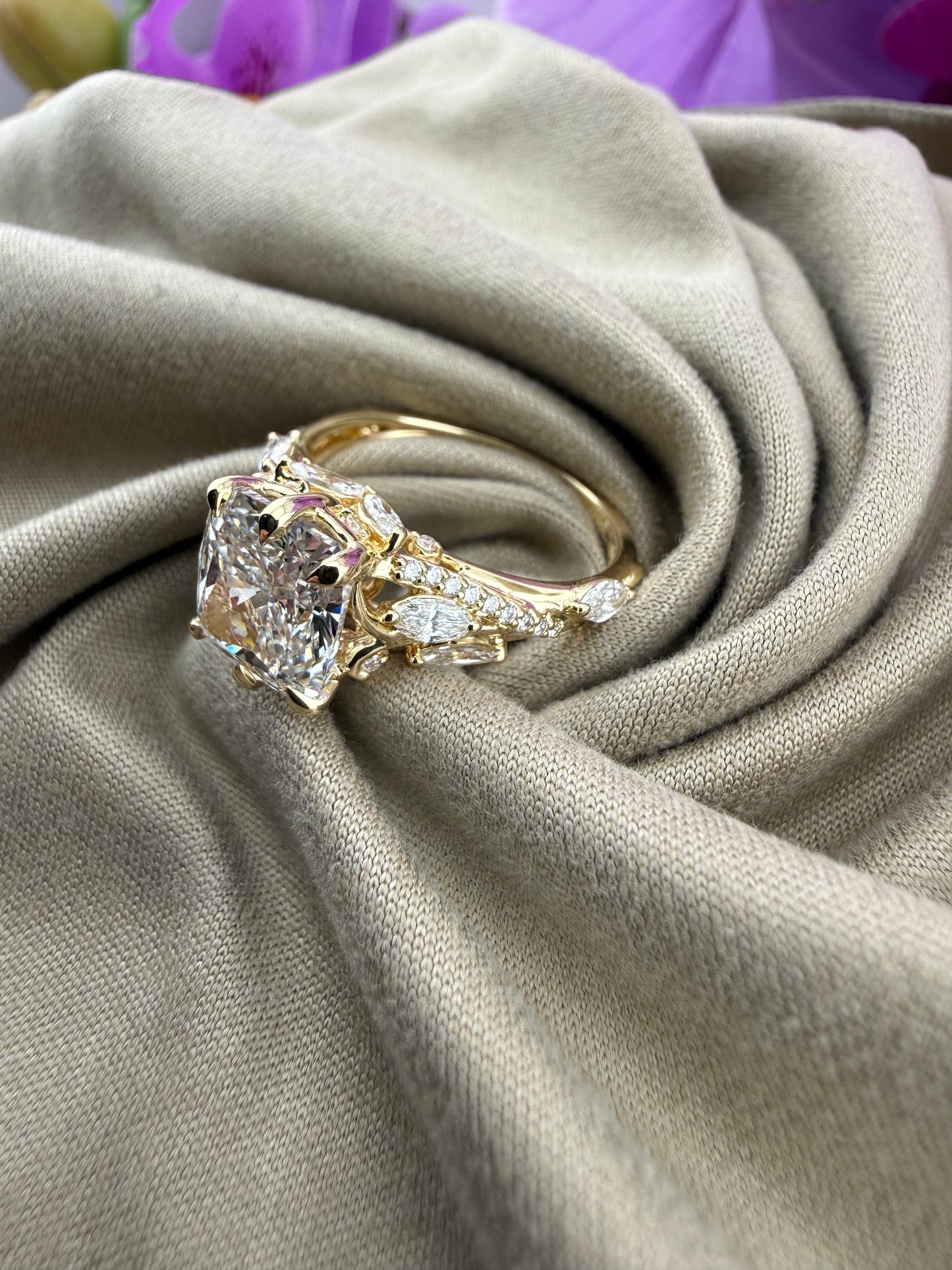 3.01 Cushion Diamond Ring w/ Custom Floral-Inspired Band (F VVS2) - IGI Certified