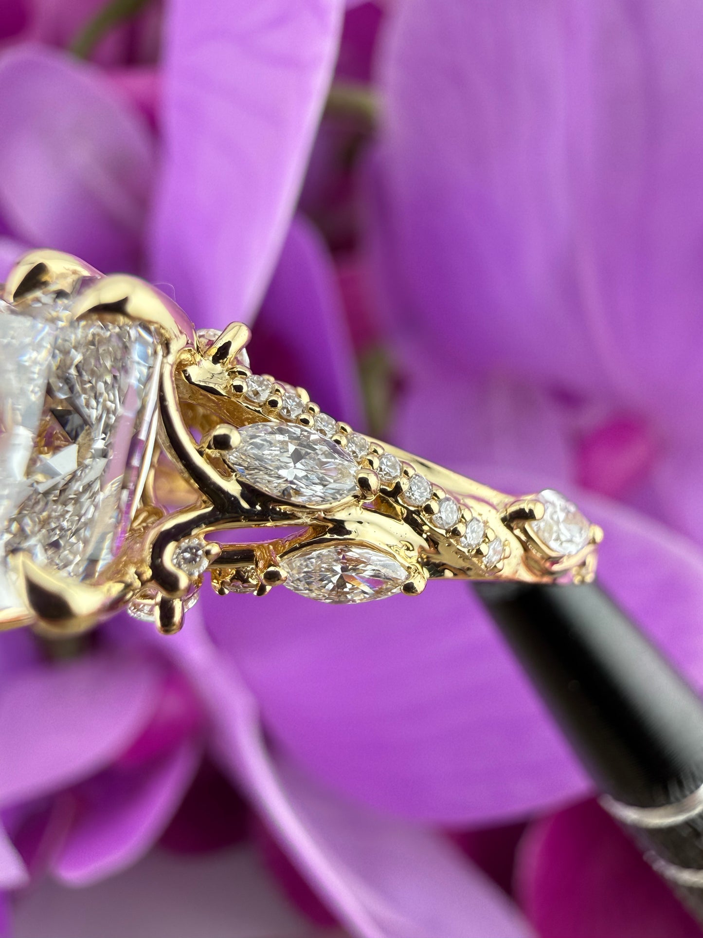 3.01 Cushion Diamond Ring w/ Custom Floral-Inspired Band (F VVS2) - IGI Certified