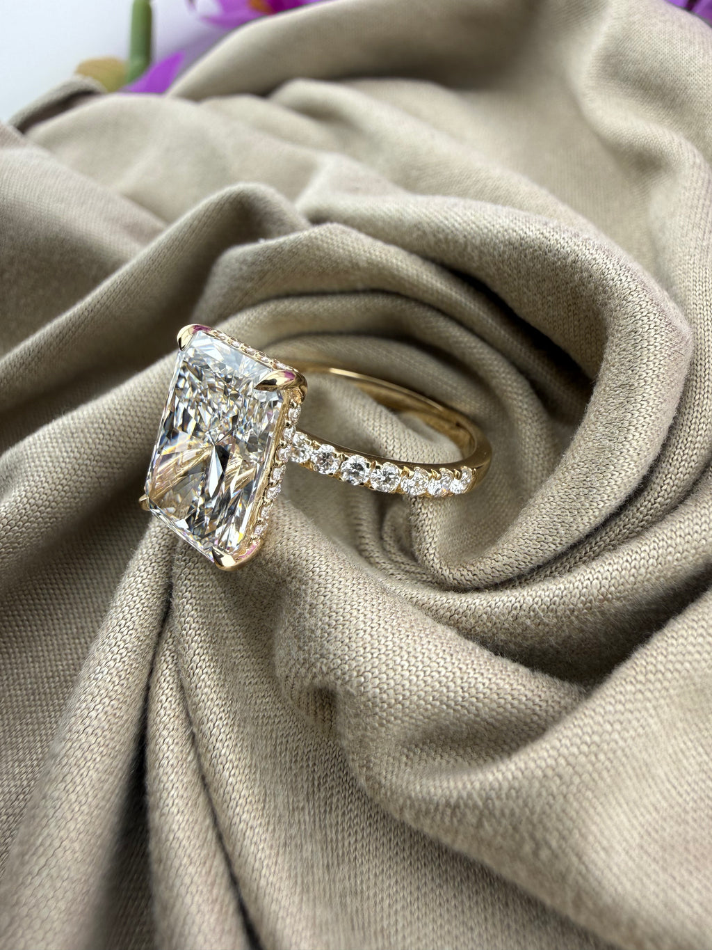 Luxurious 5.08 Radiant Diamond Ring w/ Pavé Band & Hidden Halo (F VS1) - IGI Certified | Lab Grown