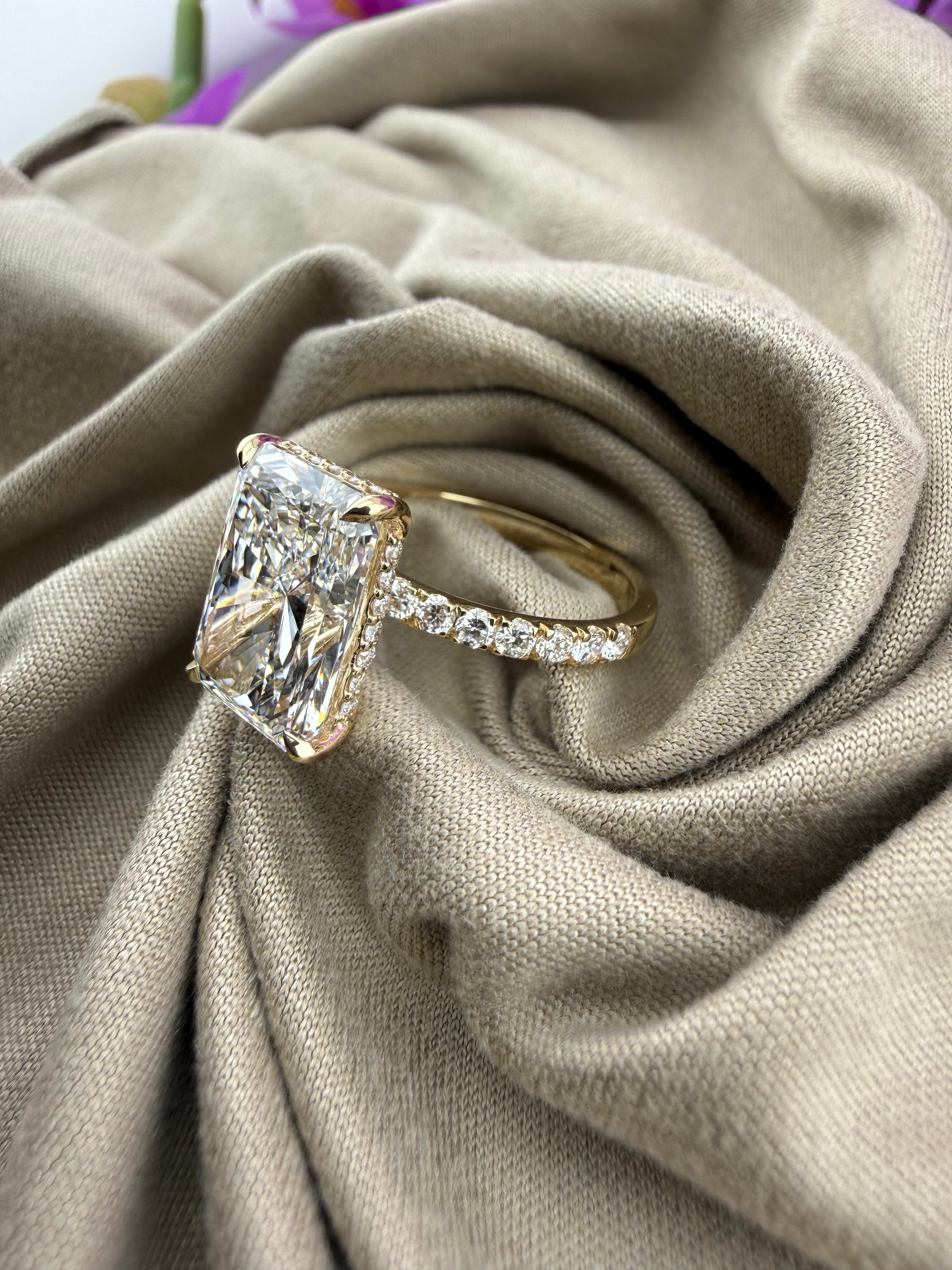 Luxurious 5.08 Radiant Diamond Ring w/ Pavé Band & Hidden Halo (F VS1) - IGI Certified | Lab Grown