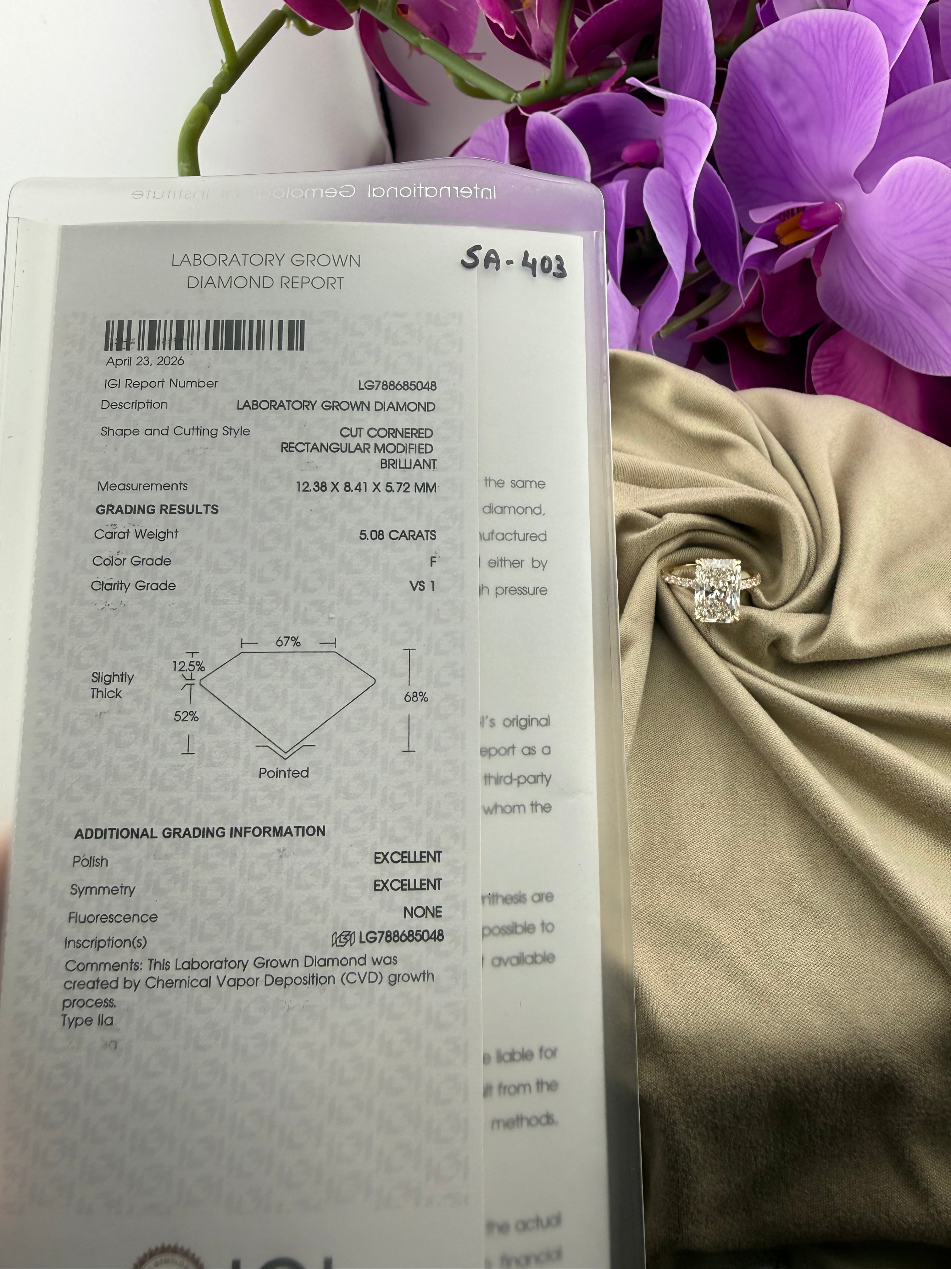 Luxurious 5.08 Radiant Diamond Ring w/ Pavé Band & Hidden Halo (F VS1) - IGI Certified | Lab Grown