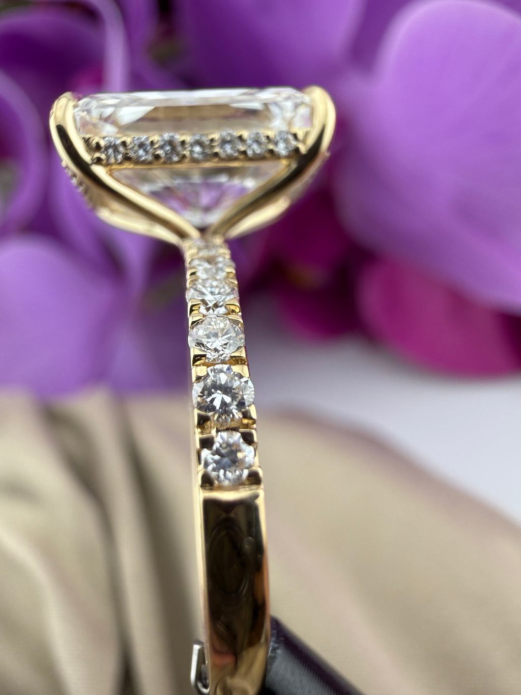 Luxurious 5.08 Radiant Diamond Ring w/ Pavé Band & Hidden Halo (F VS1) - IGI Certified | Lab Grown