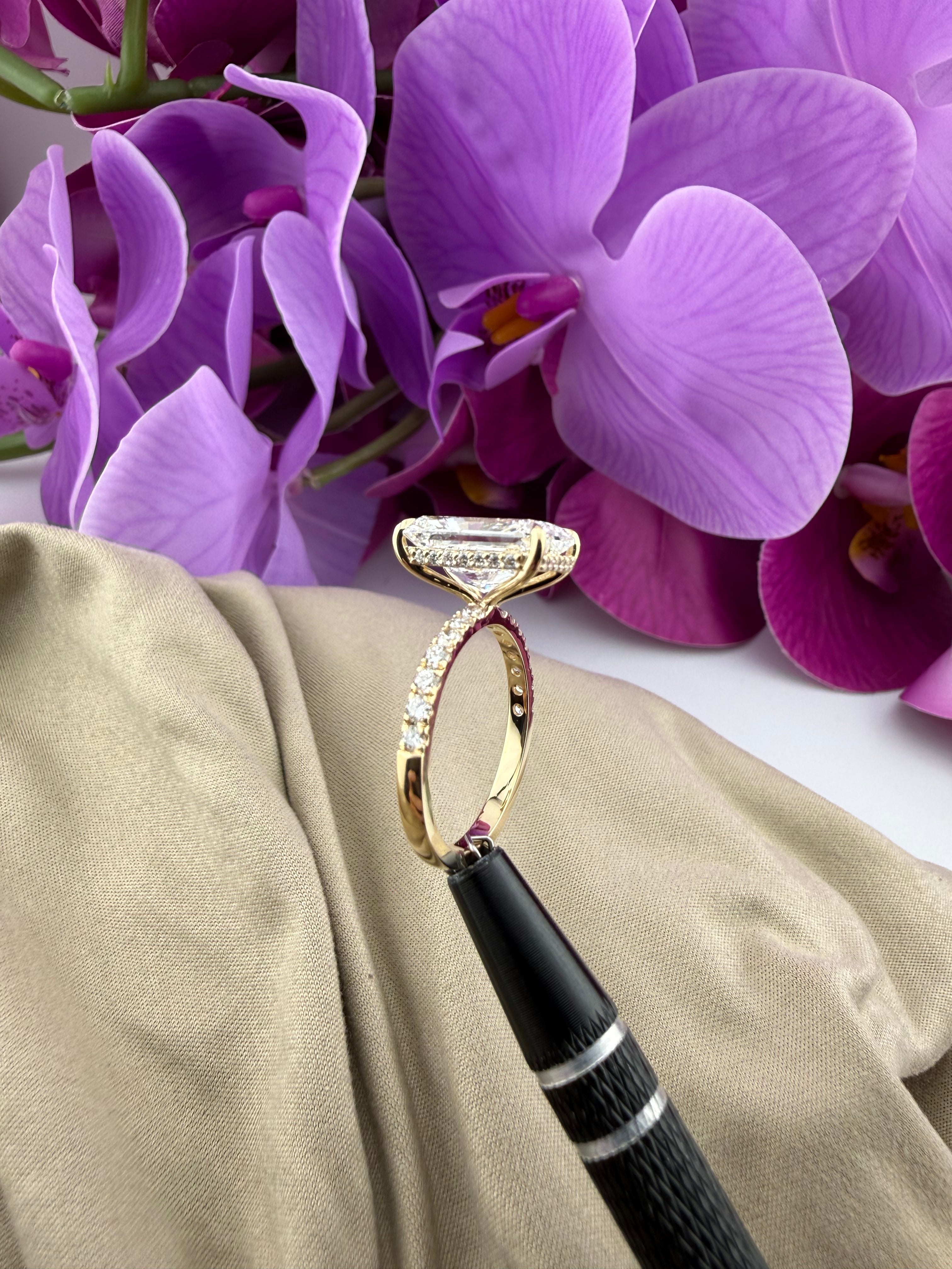 Luxurious 5.08 Radiant Diamond Ring w/ Pavé Band & Hidden Halo (F VS1) - IGI Certified | Lab Grown