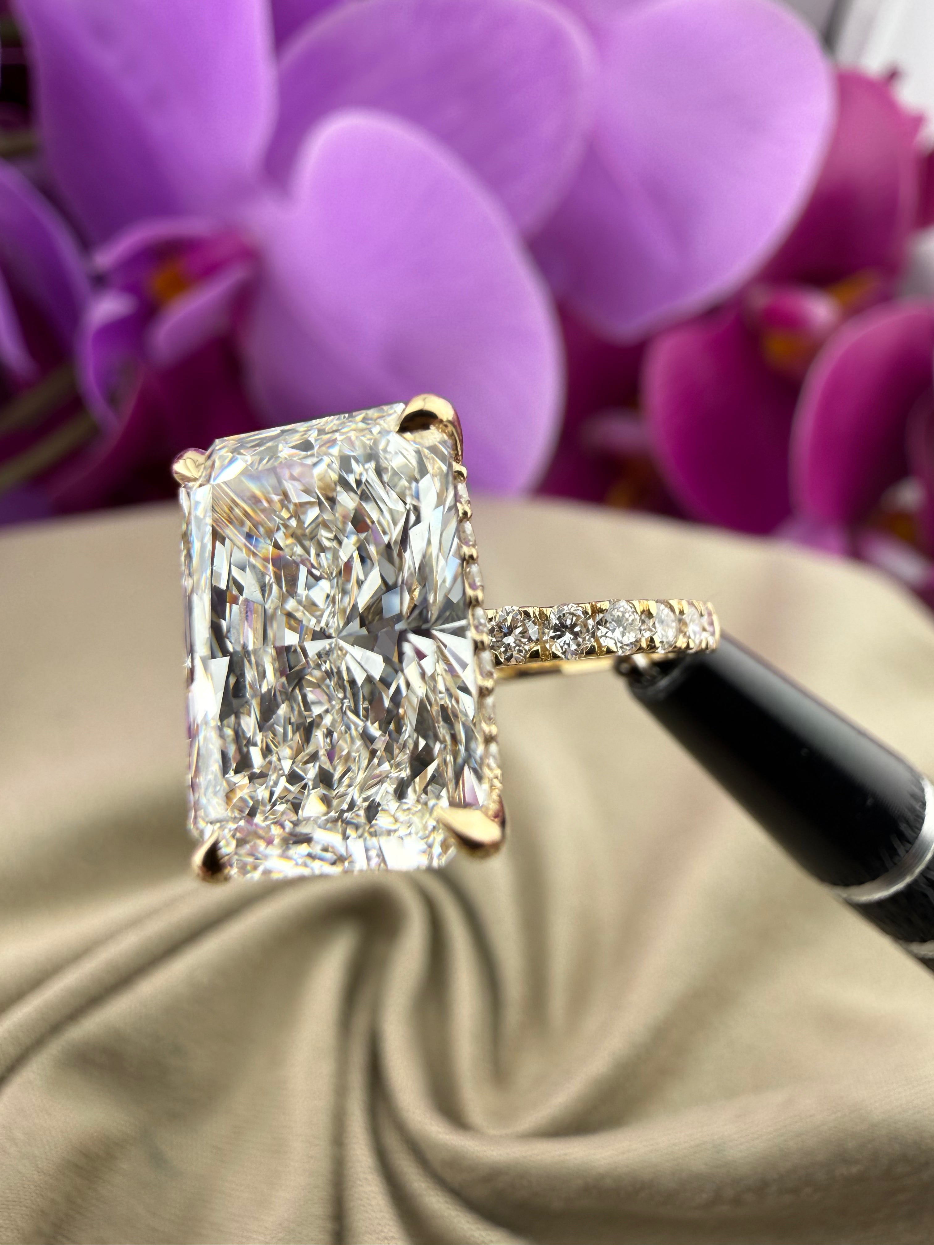 Luxurious 5.08 Radiant Diamond Ring w/ Pavé Band & Hidden Halo (F VS1) - IGI Certified | Lab Grown