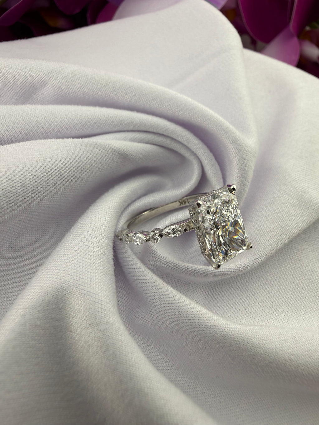 Elegant 3.09 Radiant Diamond Ring w/ Hidden Halo & Marquis Diamond Band (D VS1) - IGI Certified | Lab Grown