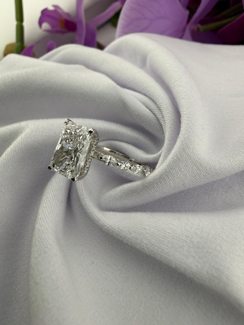 Elegant 3.09 Radiant Diamond Ring w/ Hidden Halo & Marquis Diamond Band (D VS1) - IGI Certified | Lab Grown