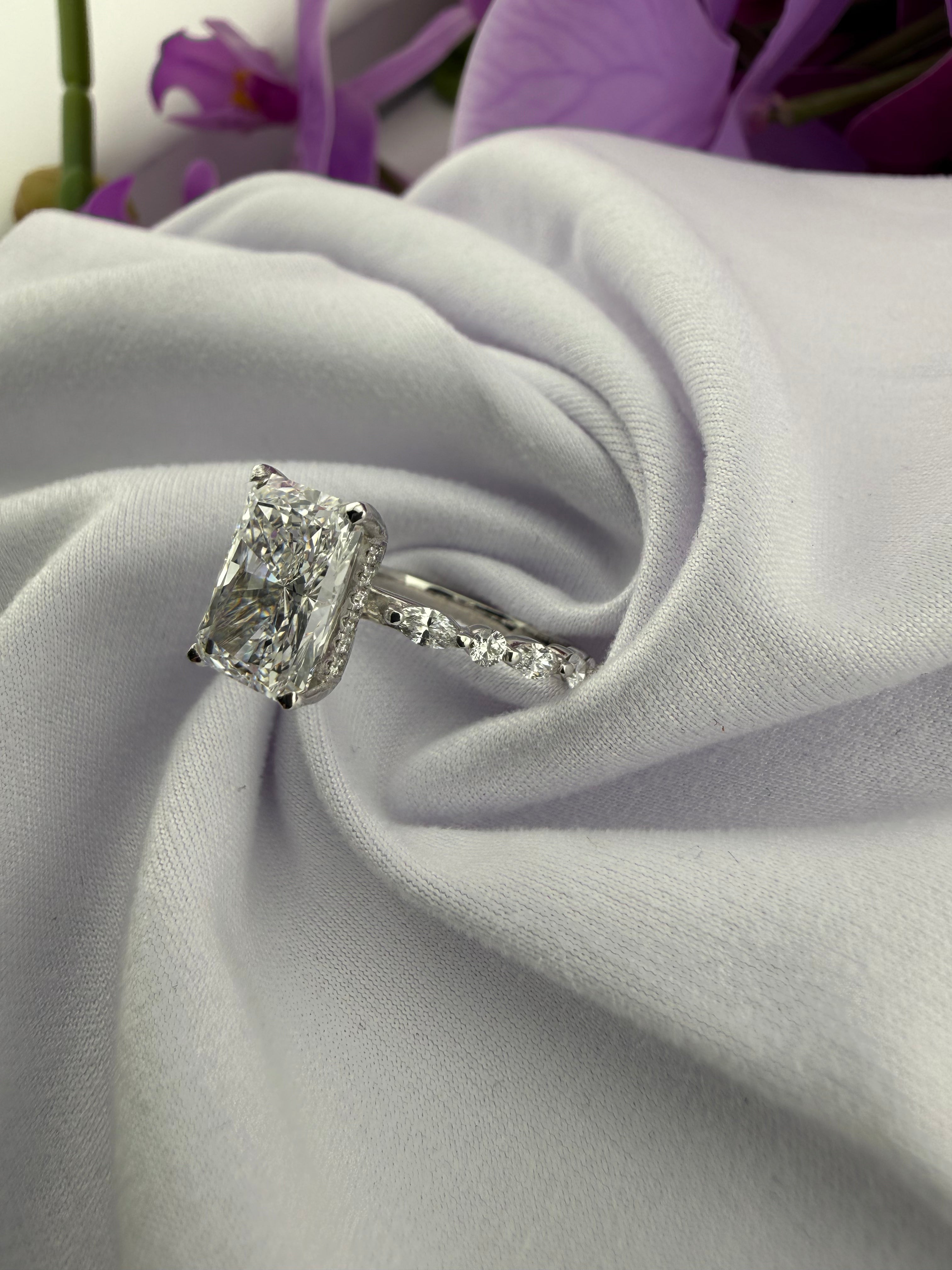 Elegant 3.09 Radiant Diamond Ring w/ Hidden Halo & Marquis Diamond Band (D VS1) - IGI Certified | Lab Grown