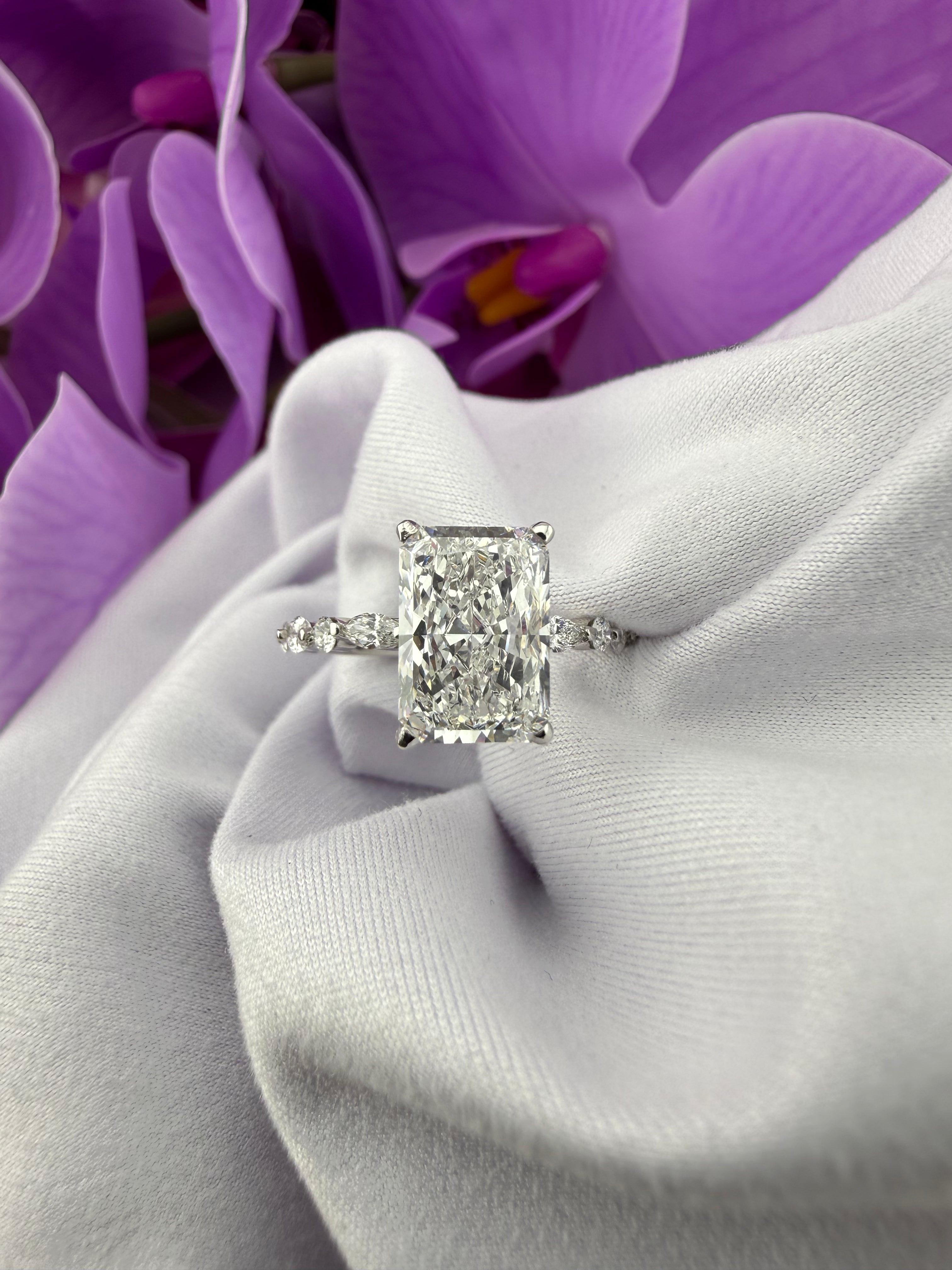 Elegant 3.09 Radiant Diamond Ring w/ Hidden Halo & Marquis Diamond Band (D VS1) - IGI Certified | Lab Grown