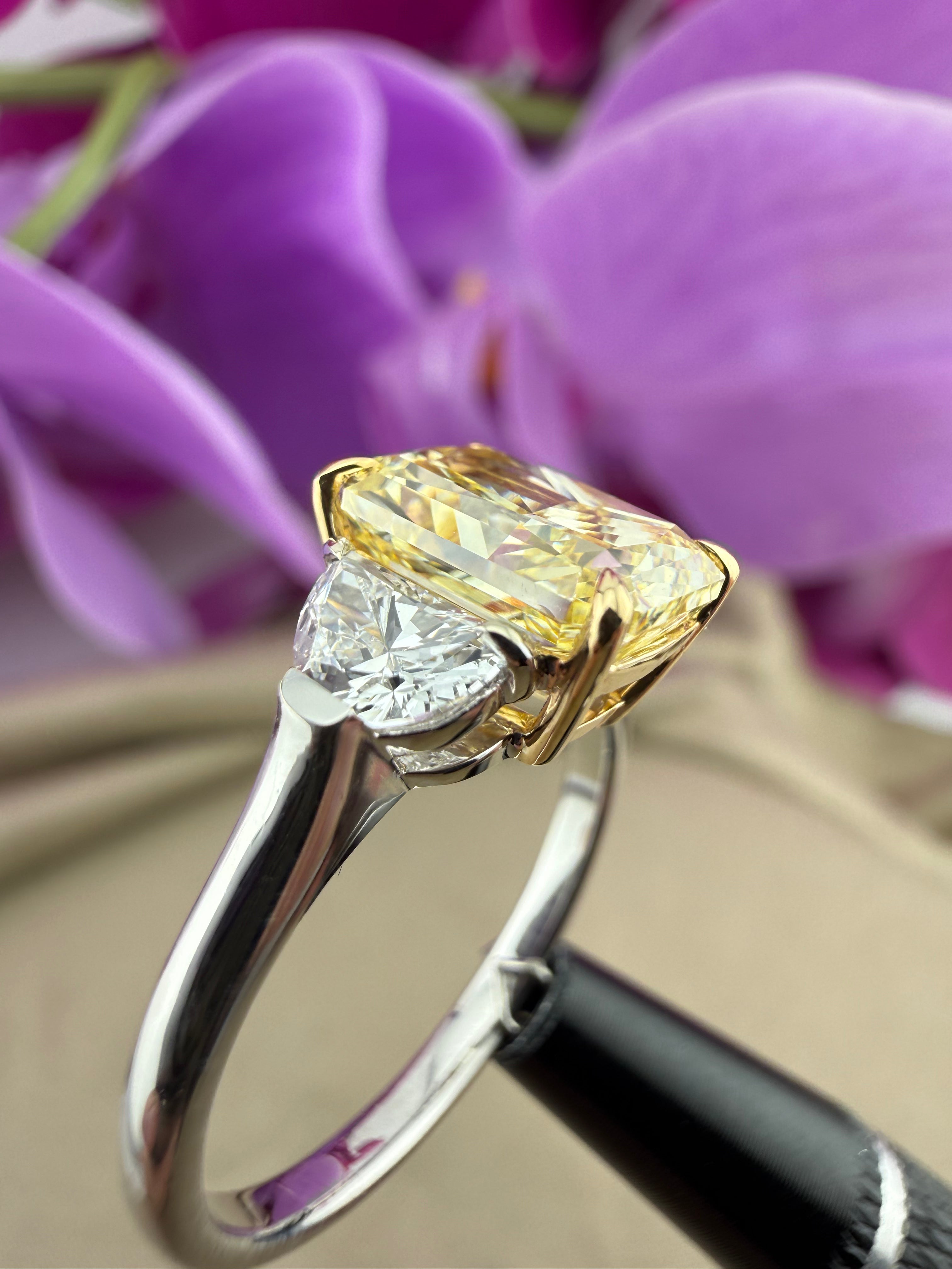 2.72 Fancy Intense Yellow Radiant Diamond Ring w/ Half-Moon Side Diamonds (VVS2) - IGI Certified | Lab Grown