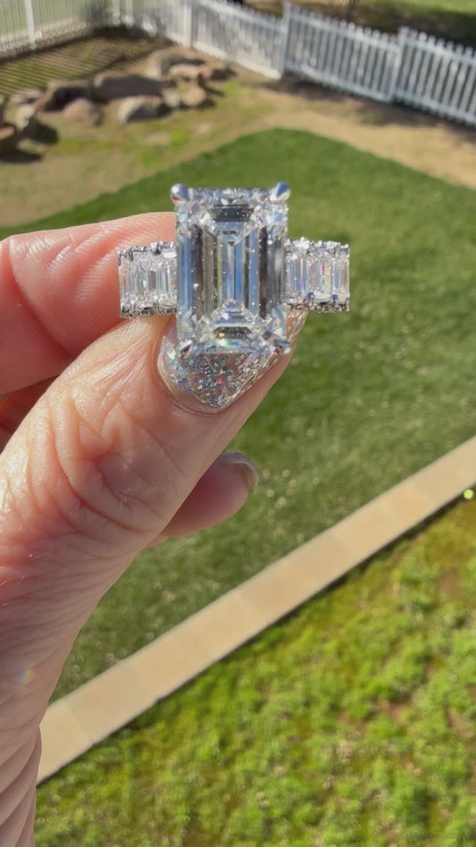 7.05 Carat Emerald Diamond Ring. Set On 6 Carat Emerald Diamonds 14K White Gold Band.