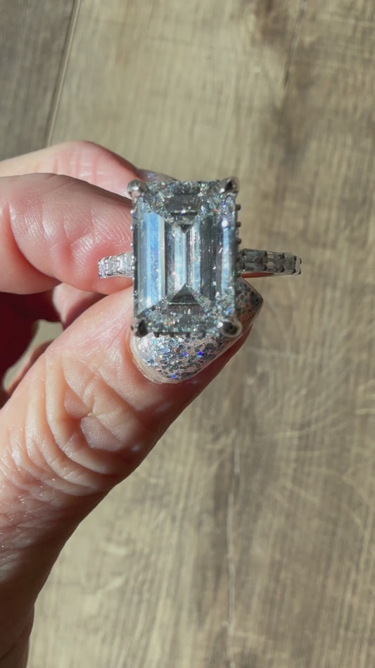 6.54 Carat Emerald Diamond Ring. Set On 2 Carat Baguette, 14K White Gold Band.