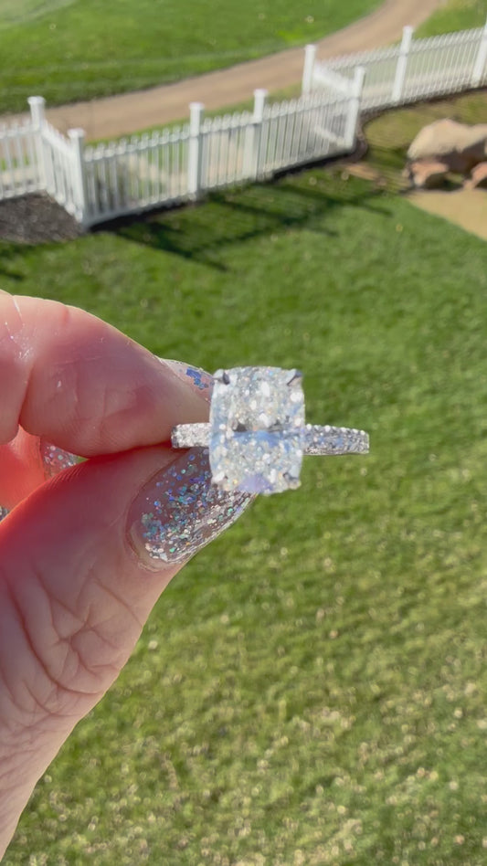 3.04 Carat Cushion Real Diamond Ring. Set on Half Carat 14K White Gold Band.