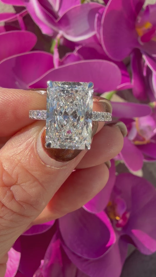 5.08 Carat Radiant Diamond Ring. Set On Half Carat 14K White Gold Band.